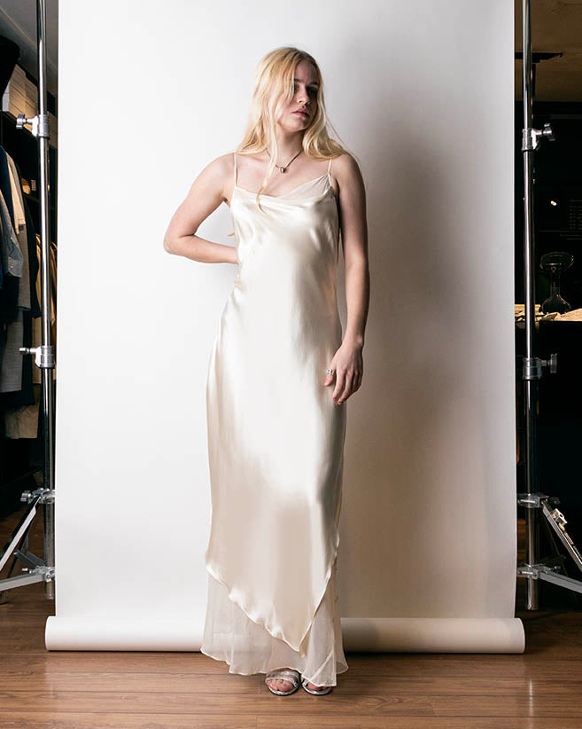 2000s Donna Karan Bias Cut Ivory Silk Dress M