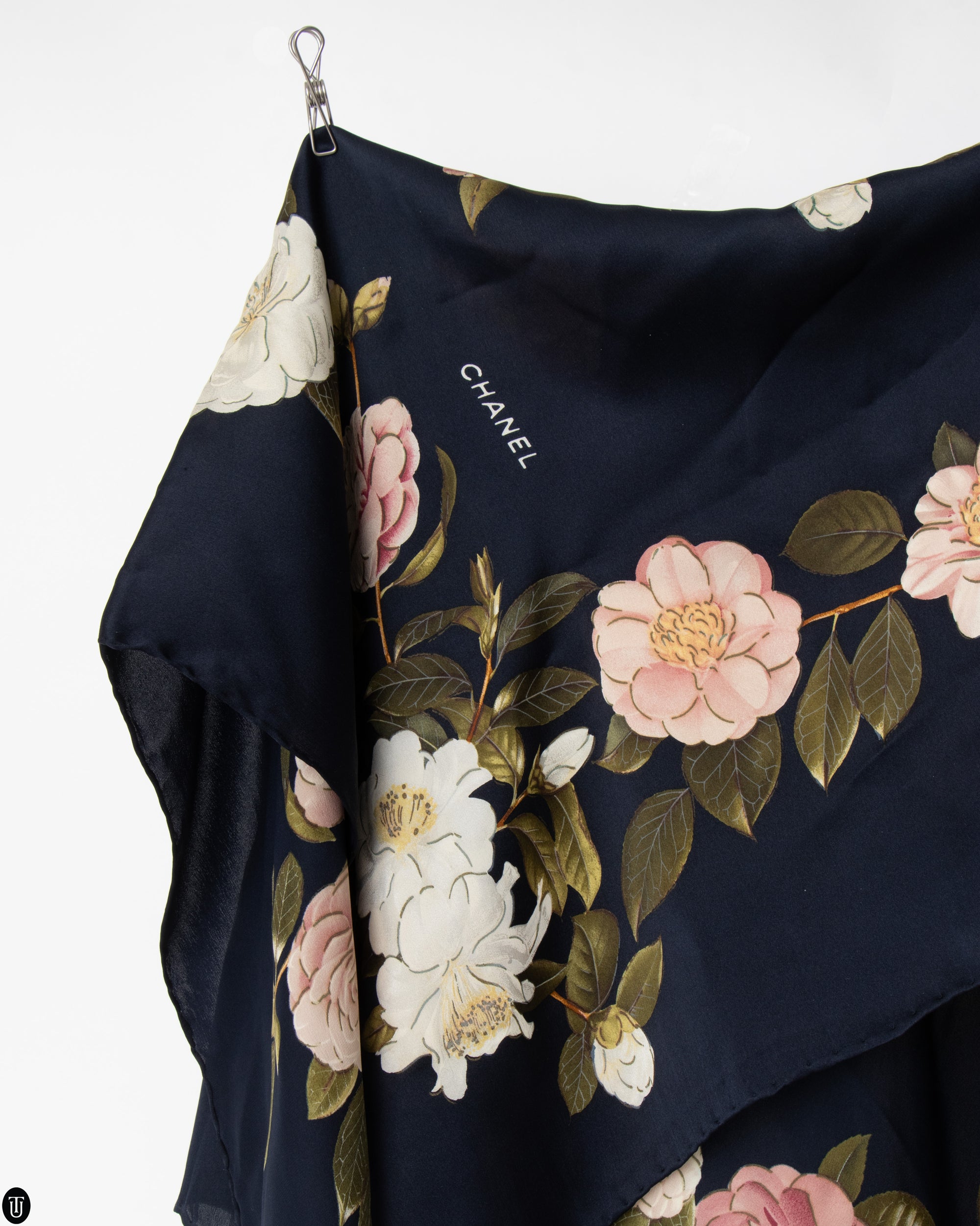 90s Chanel Navy Silk Scarf with Rose Motif