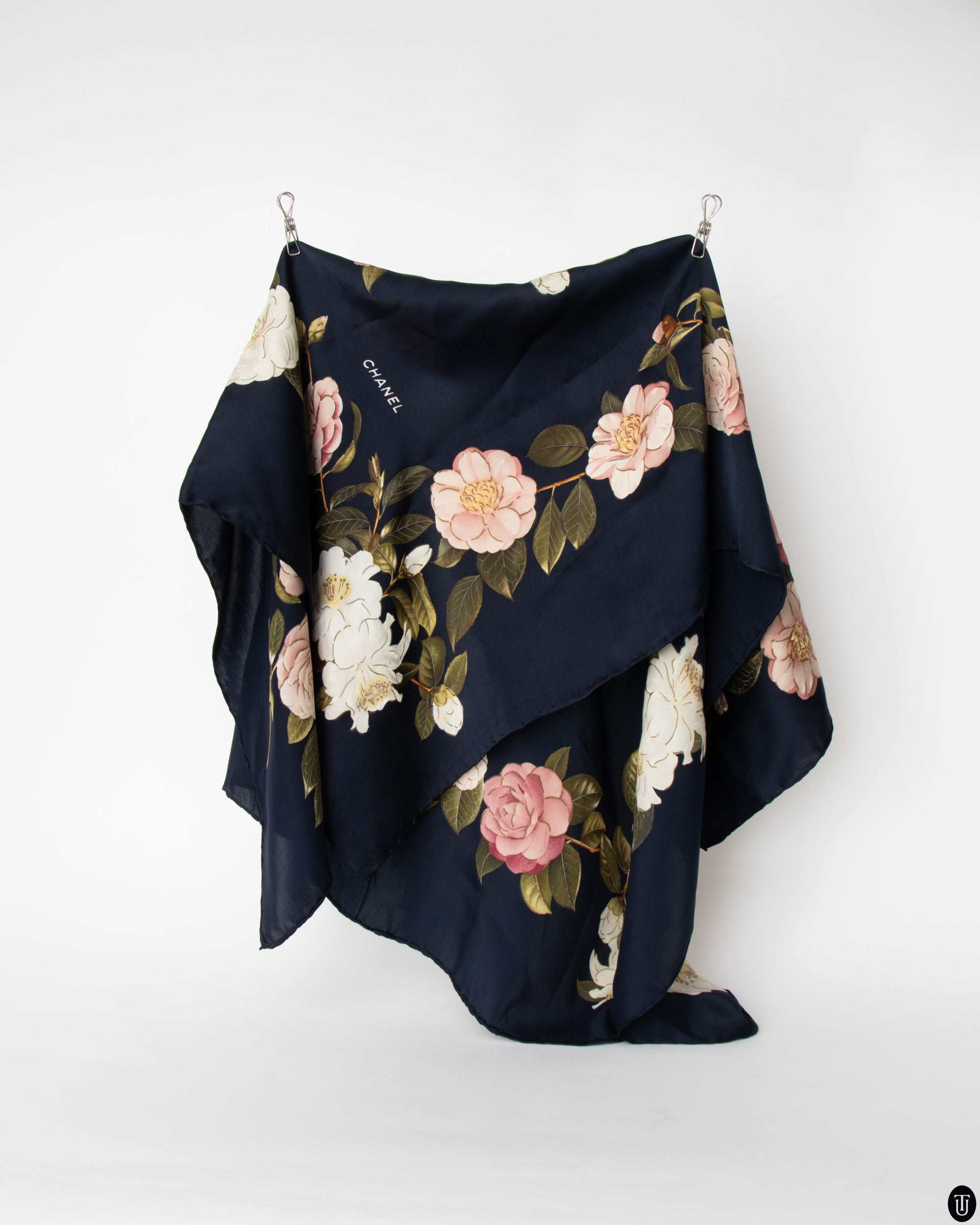 90s Chanel Navy Silk Scarf with Rose Motif