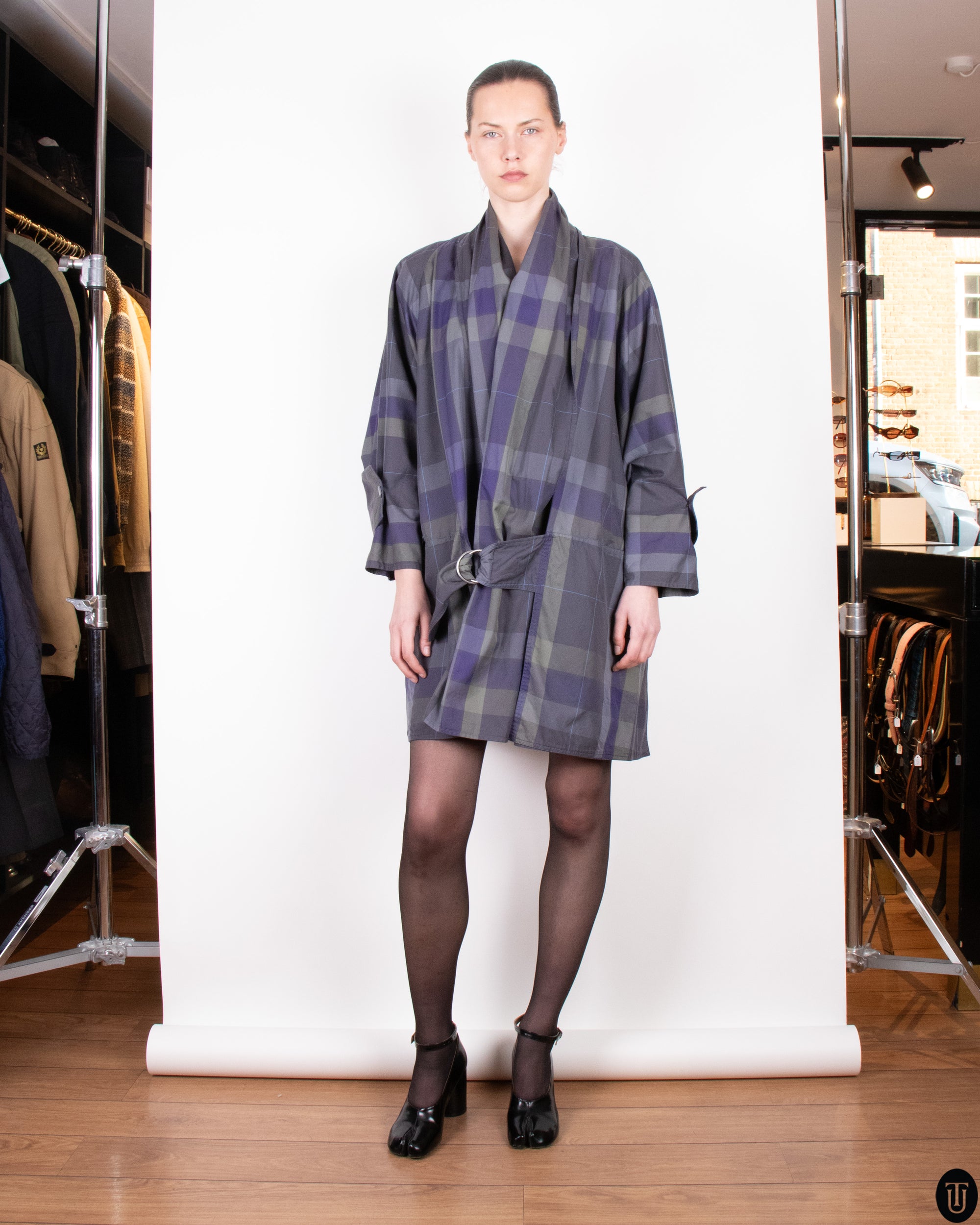 80's A.M Beretta Checkered Cropped Trench Coat M