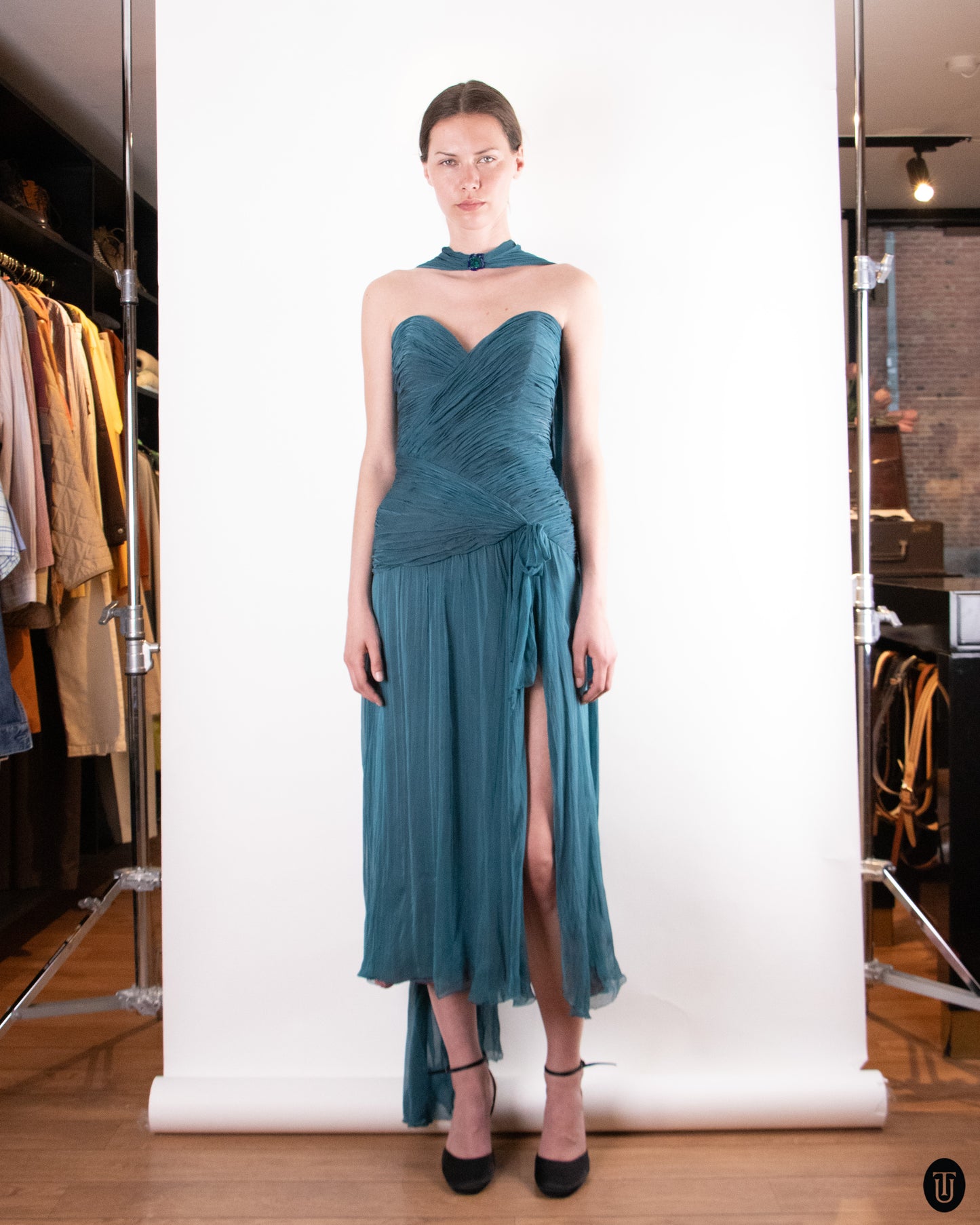 80's Loris Azzaro Teal Silk Chiffon Evening Dress M
