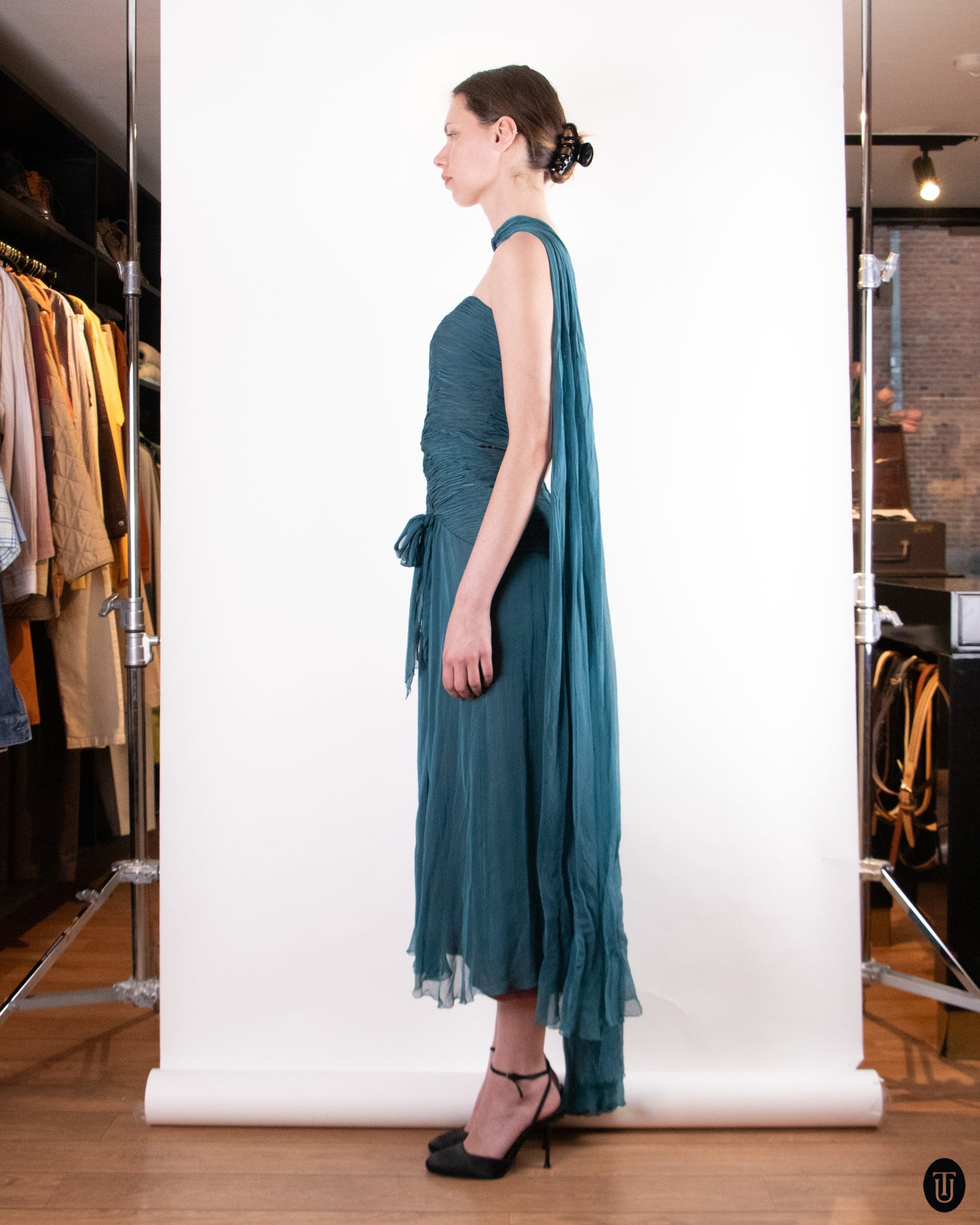 80's Loris Azzaro Teal Silk Chiffon Evening Dress M