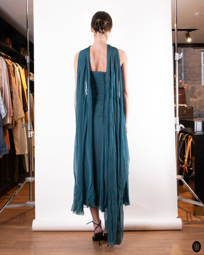 80's Loris Azzaro Teal Silk Chiffon Evening Dress M
