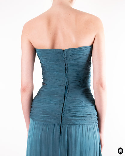 80's Loris Azzaro Teal Silk Chiffon Evening Dress M