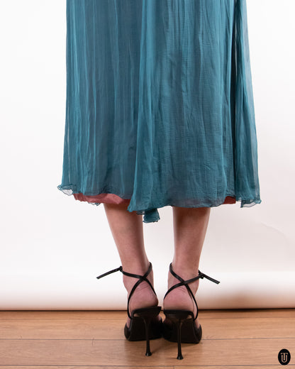 80's Loris Azzaro Teal Silk Chiffon Evening Dress M