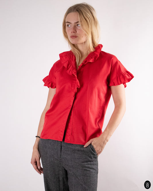 70's Red Yves Saint Laurent Cotton Blouse M