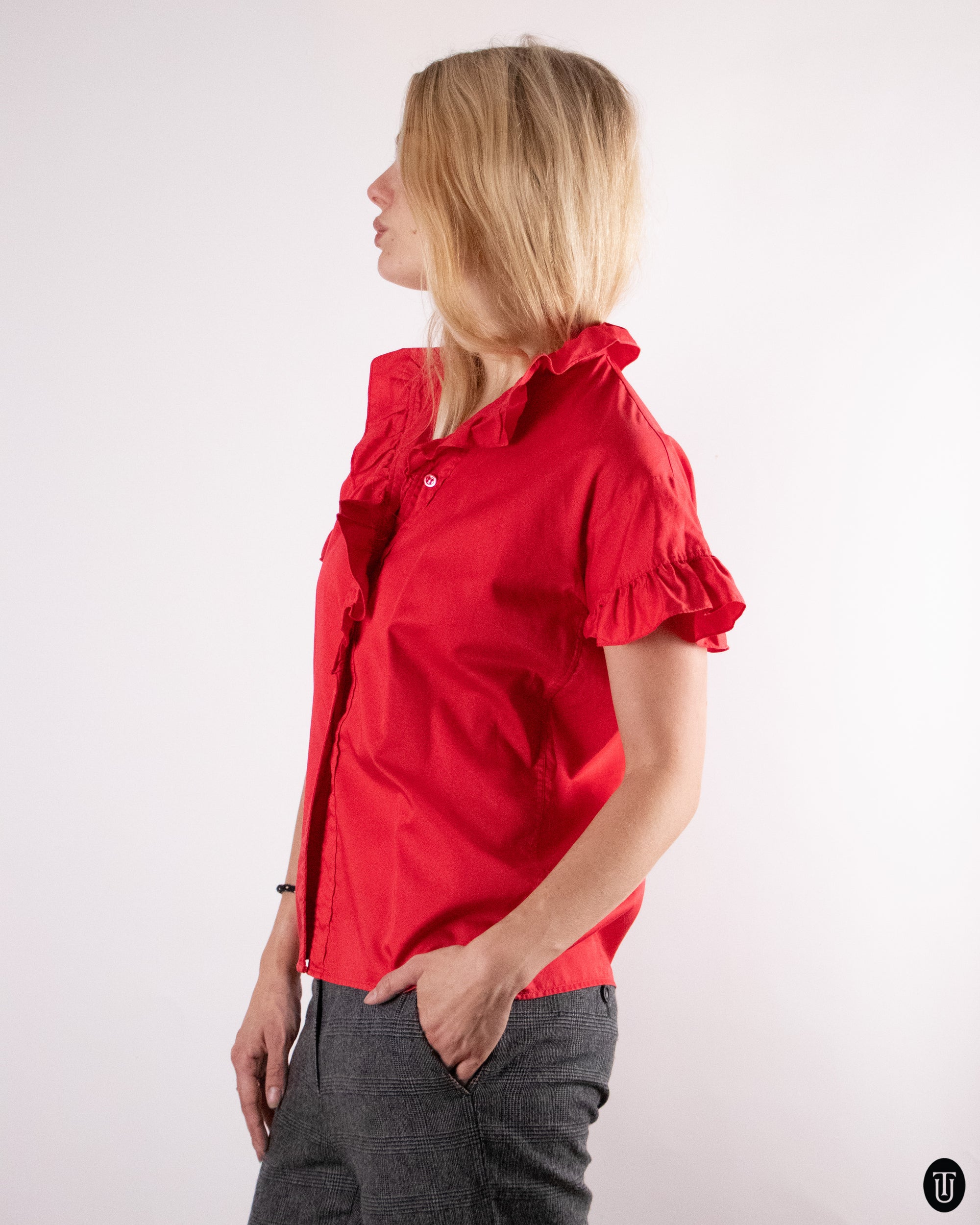 70's Red Yves Saint Laurent Cotton Blouse M