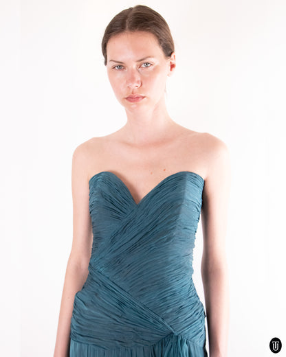 80's Loris Azzaro Teal Silk Chiffon Evening Dress M