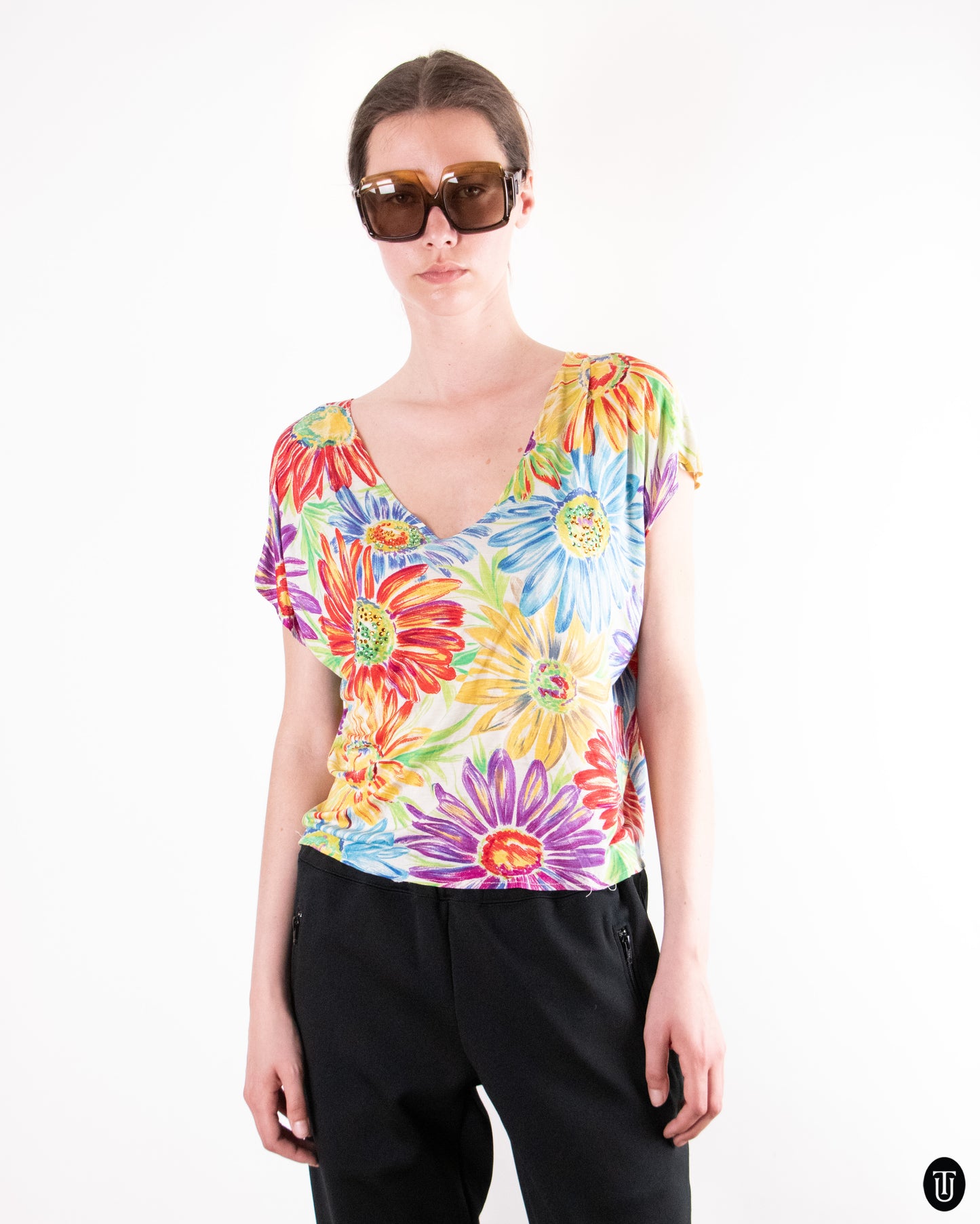 90's Blumarine Floral Silk Blend Crystal Top S