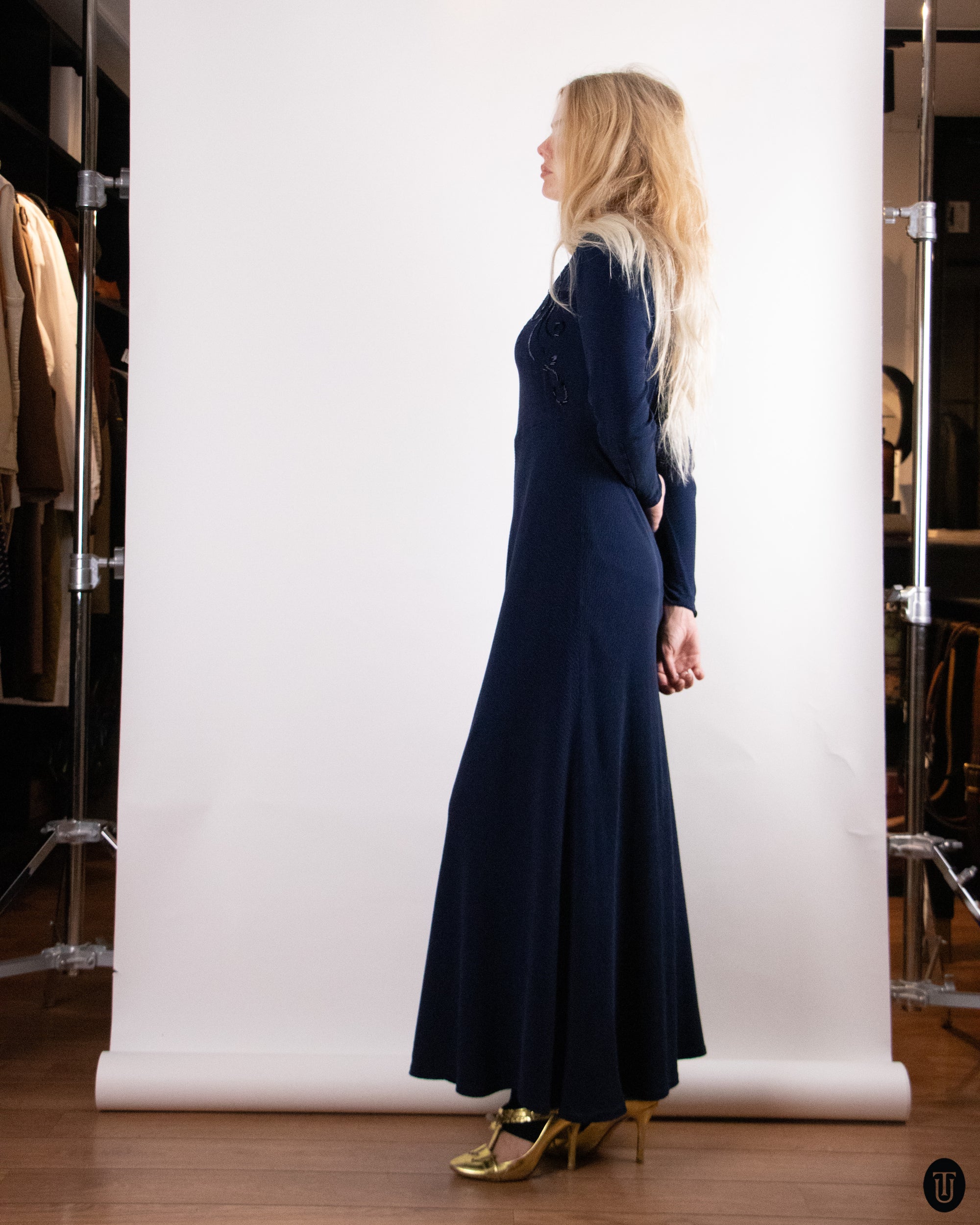 40's Vintage Blue Embellished Silk Gown M