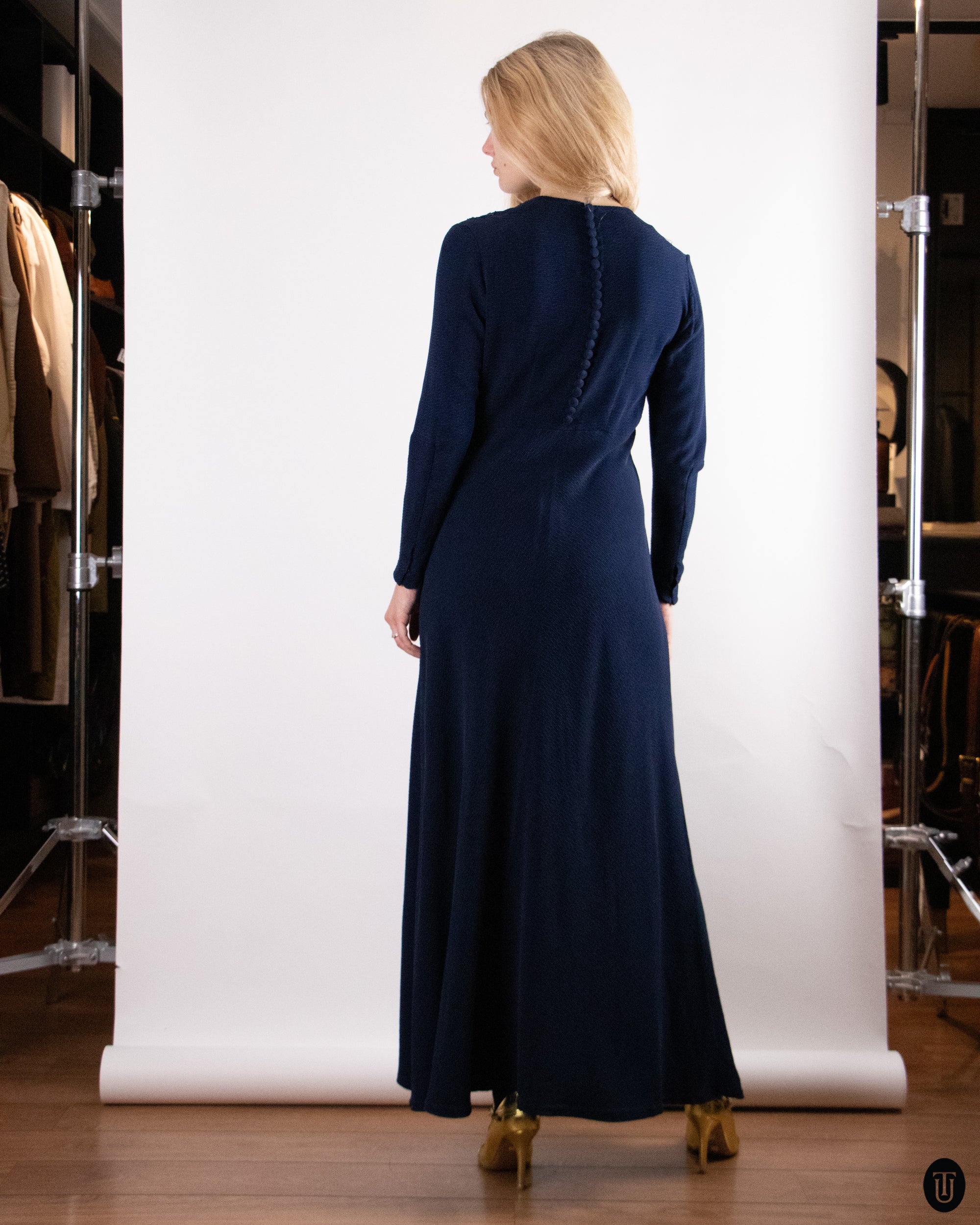 40's Vintage Blue Embellished Silk Gown M