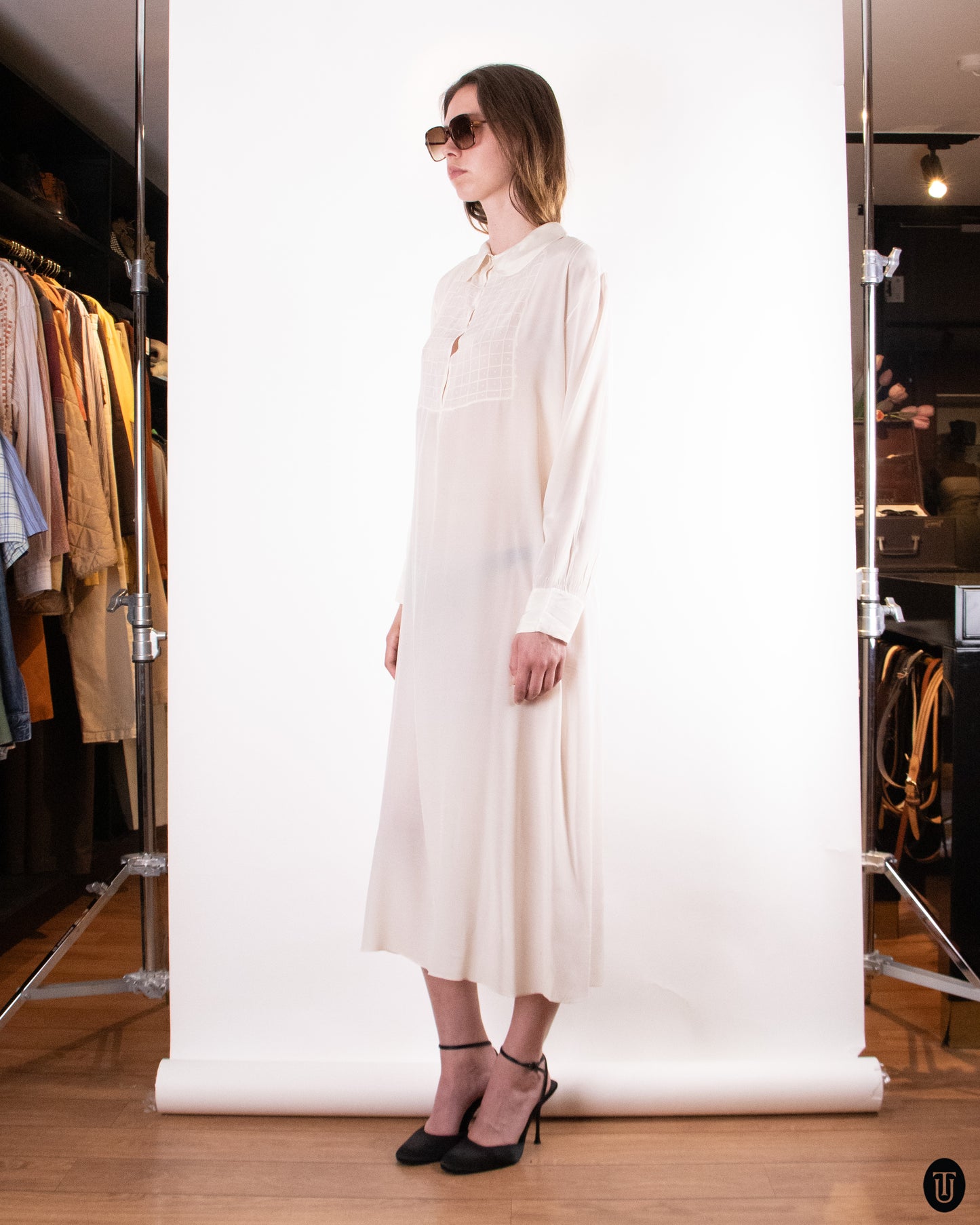 50's White Silk Dress L