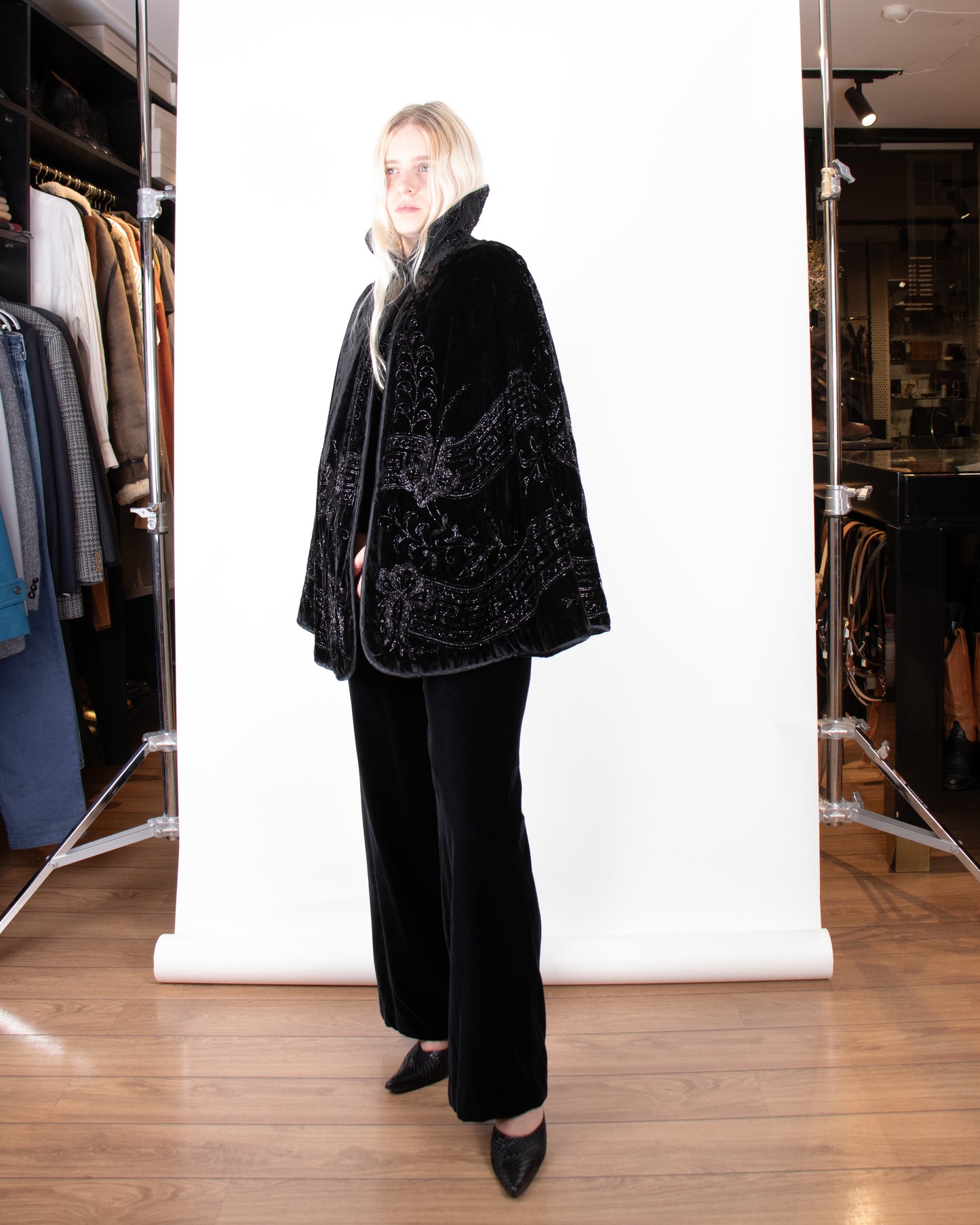 Rare 1890s Victorian Black Embellished Silk Velvet Cape M