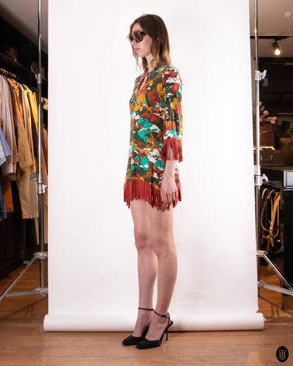70's Western Fringe Cotton Blend Mini Dress M