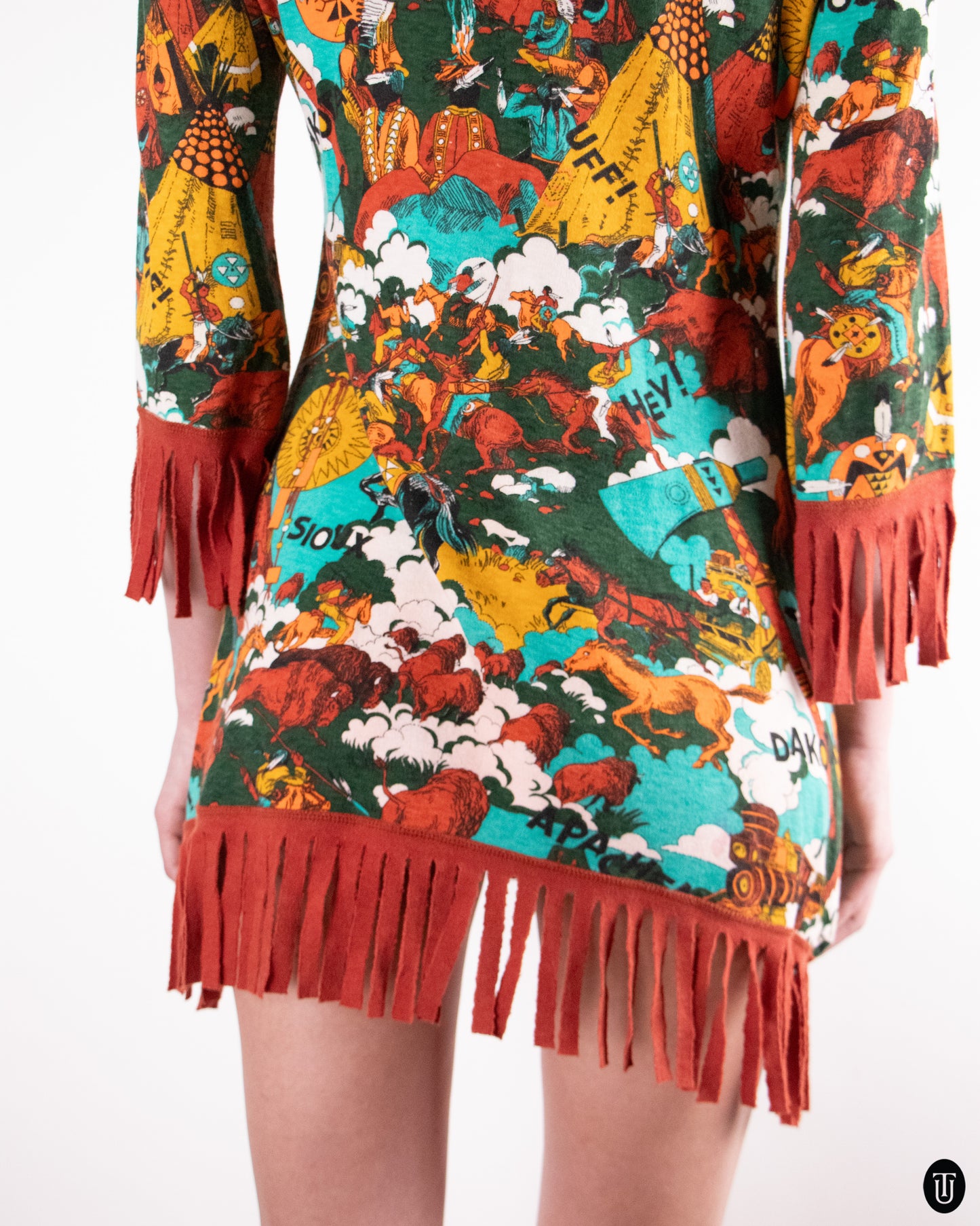 70's Western Fringe Cotton Blend Mini Dress M