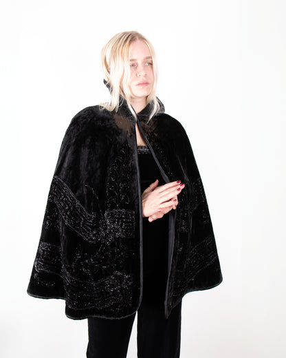 Rare 1890s Victorian Black Embellished Silk Velvet Cape M