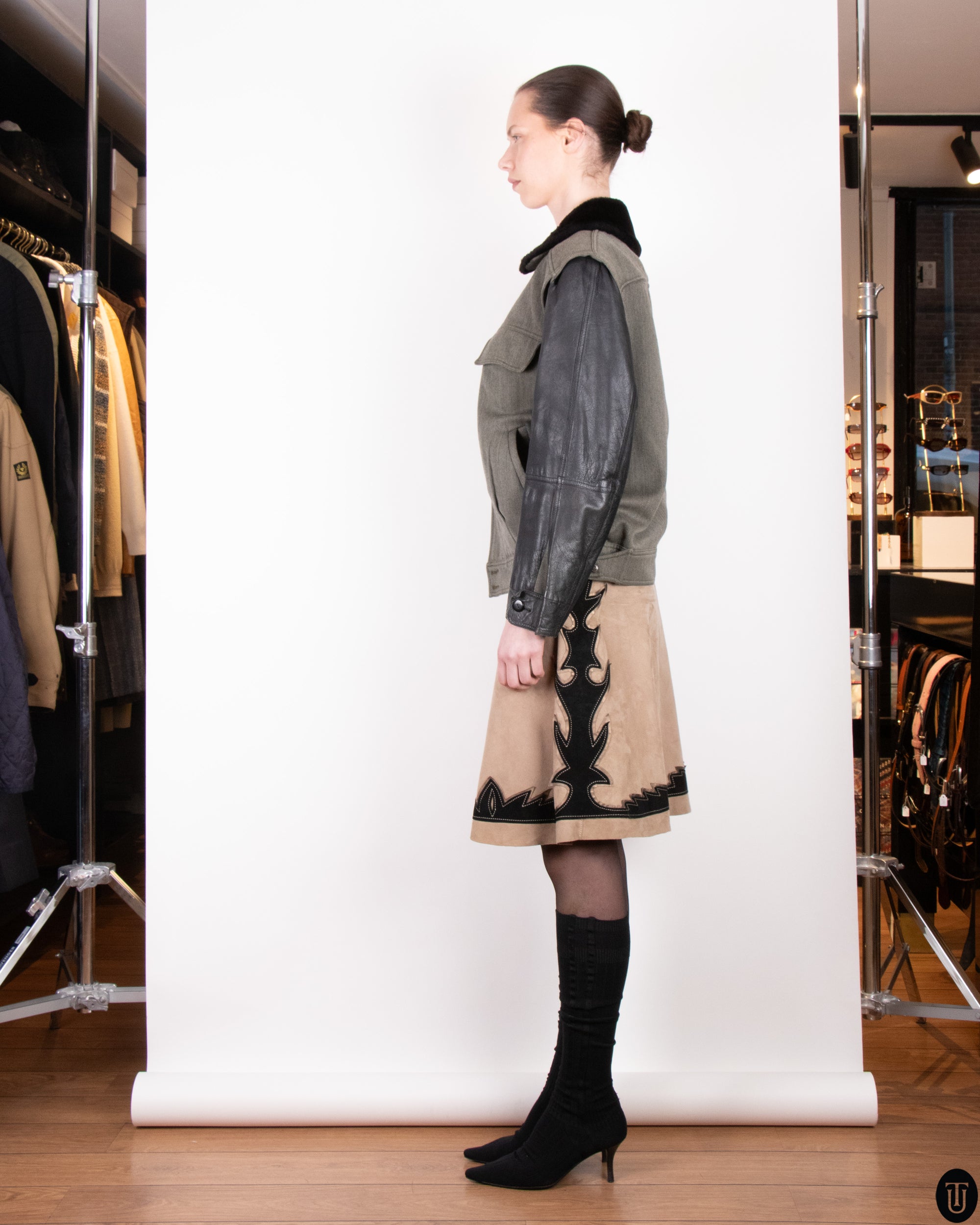 90s Gianfranco Ferre Twill and Leather Moto Jacket M