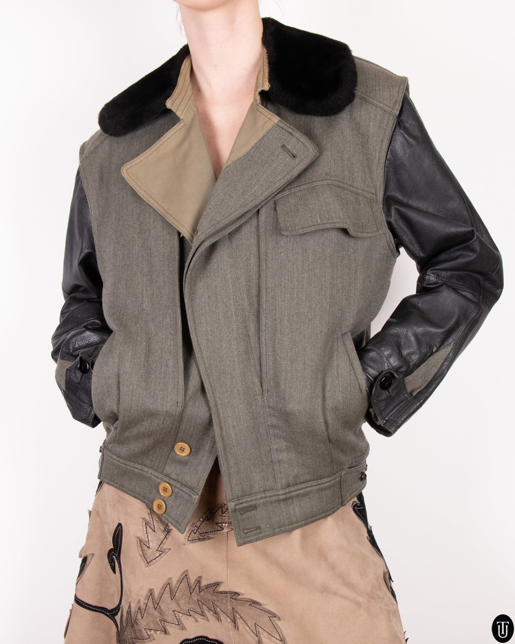 90s Gianfranco Ferre Twill and Leather Moto Jacket M