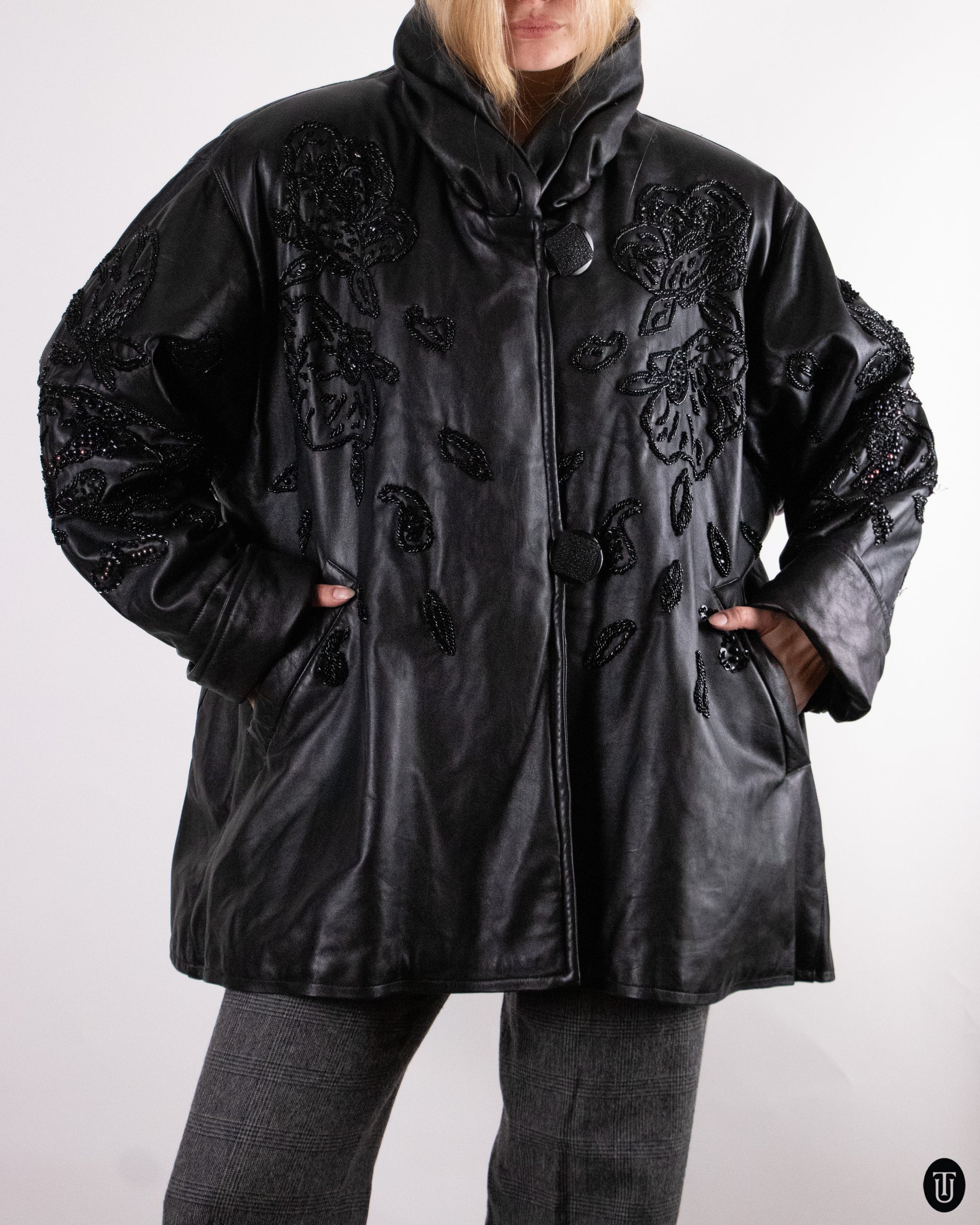 80's Padded and Embellished Leather Jacket M