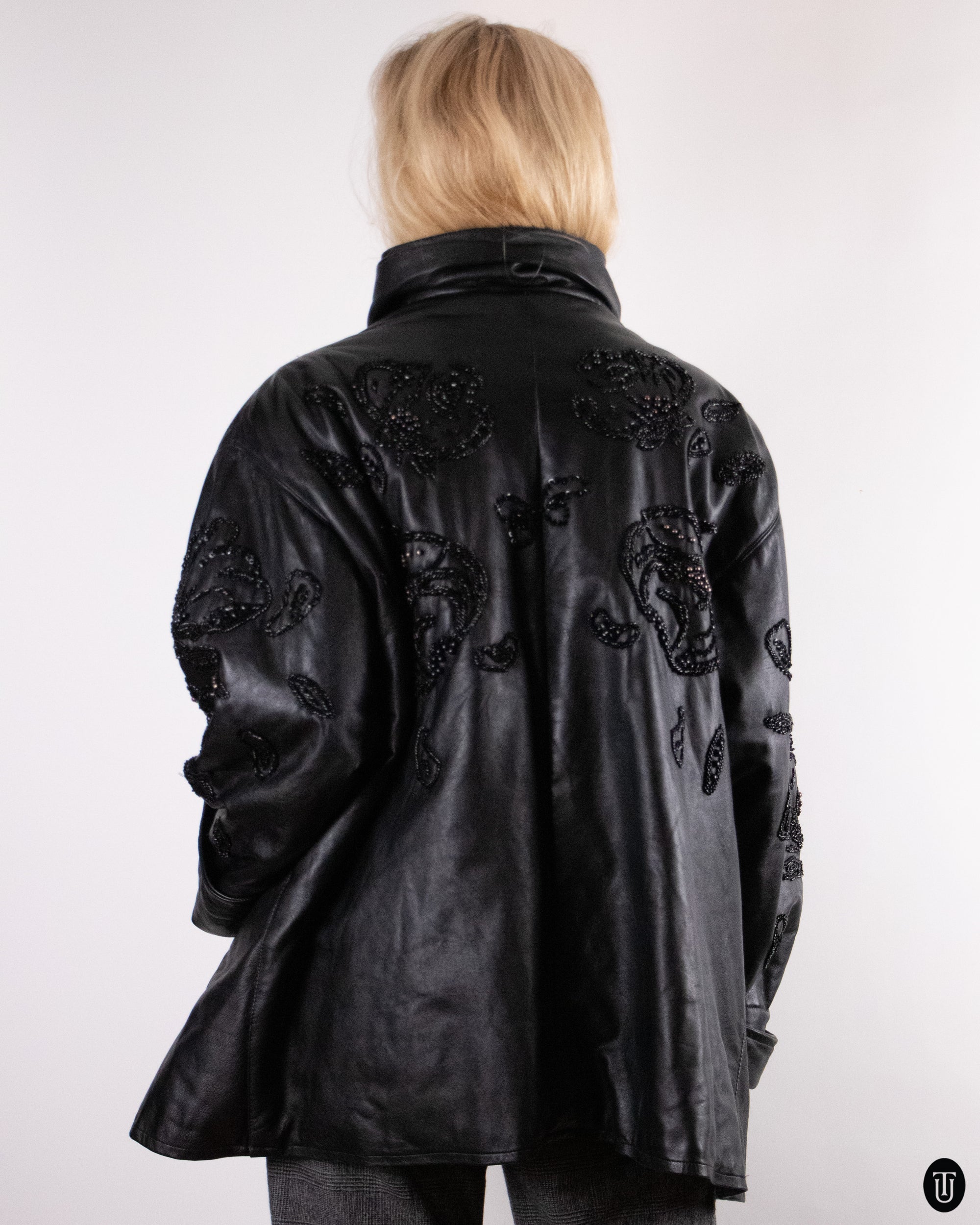 80's Padded and Embellished Leather Jacket M