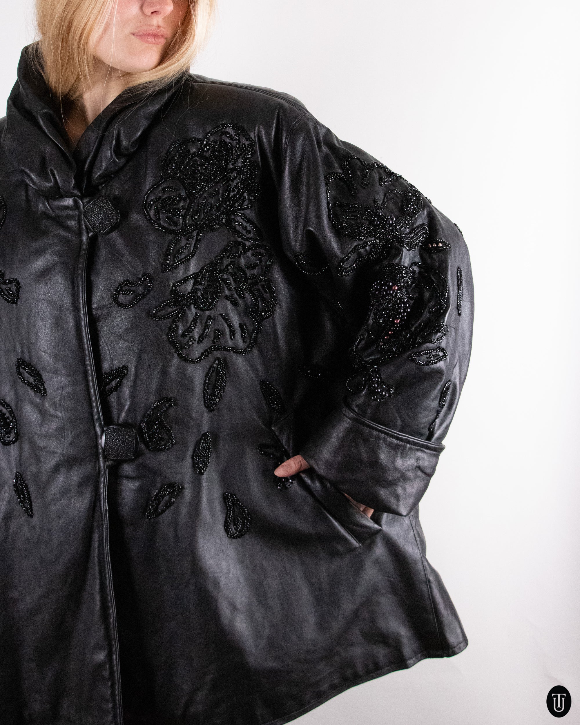 80's Padded and Embellished Leather Jacket M