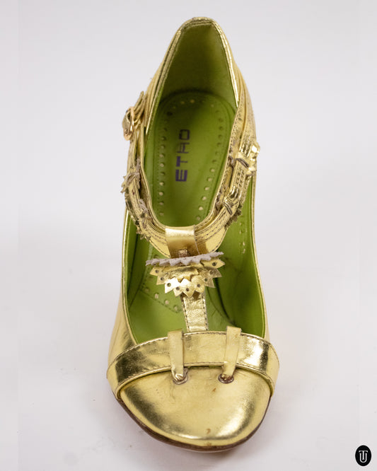 00's Etro Golden Green Mary Jane Pumps 37
