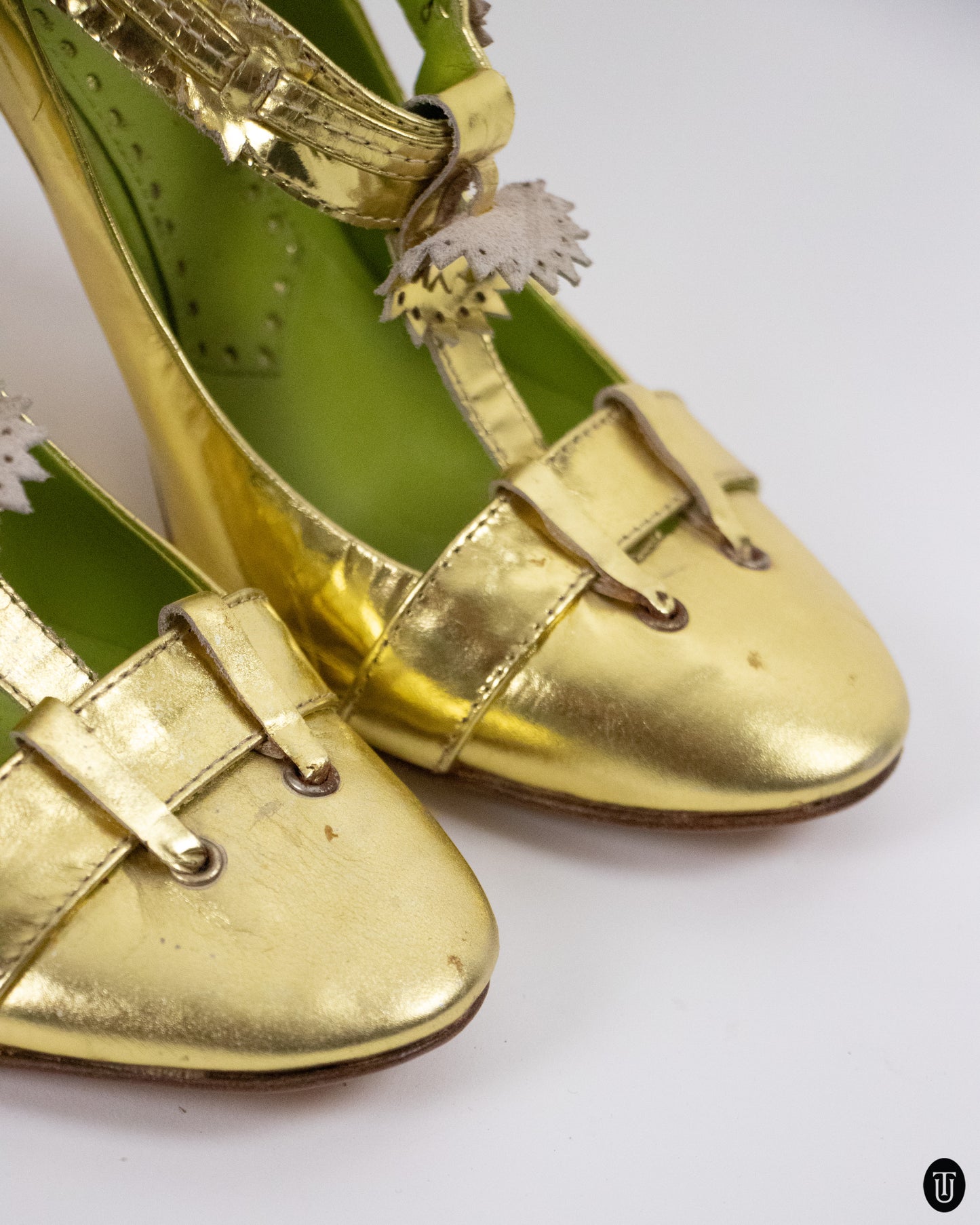 00's Etro Golden Green Mary Jane Pumps 37