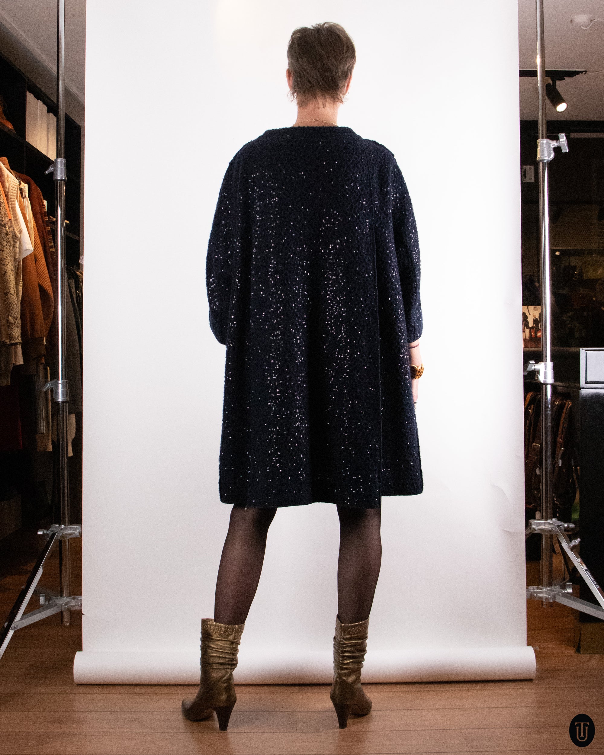 00's Nina Ricci Dark Navy Glitter Coat L