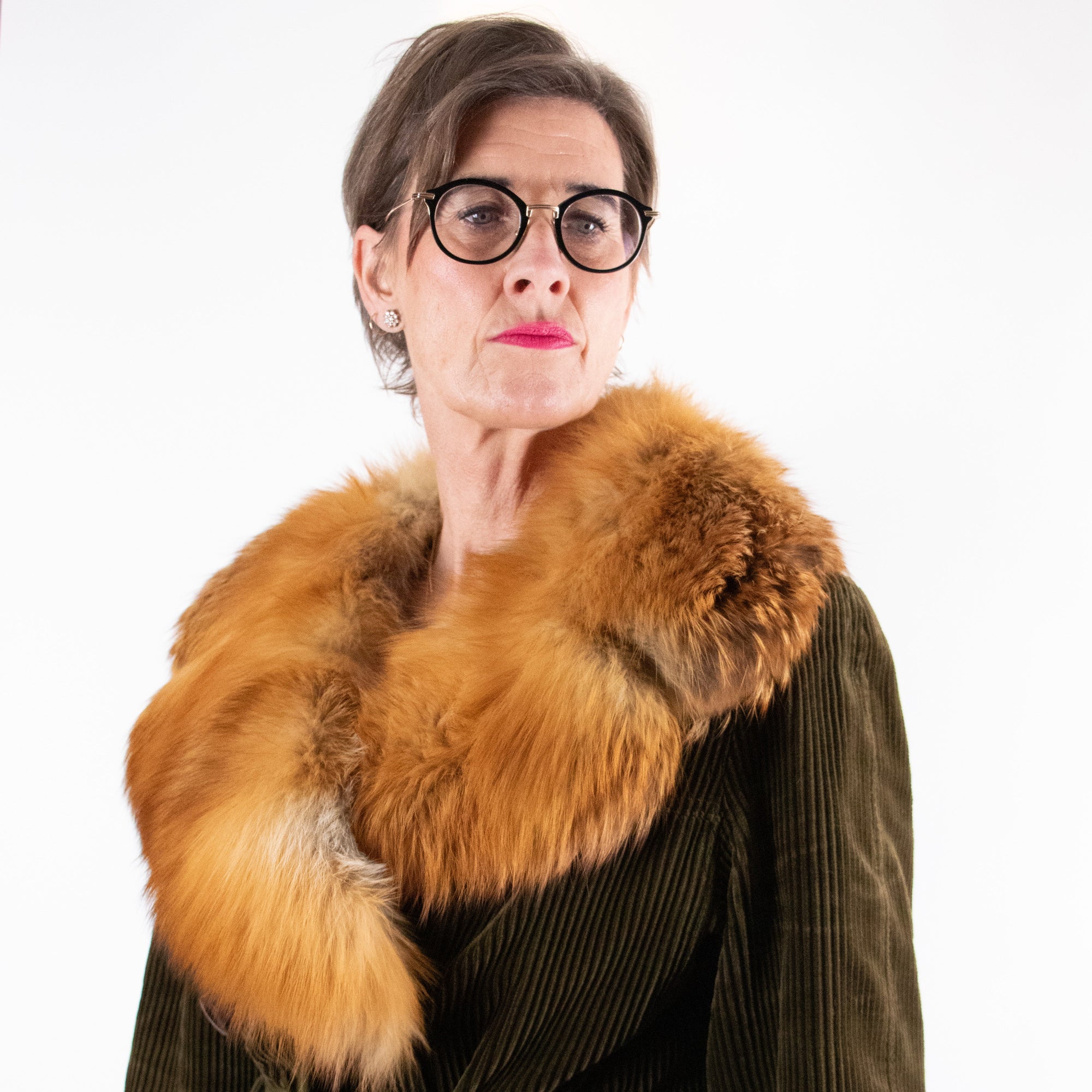 70's Hermes Corduroy & Fox Fur Coat M