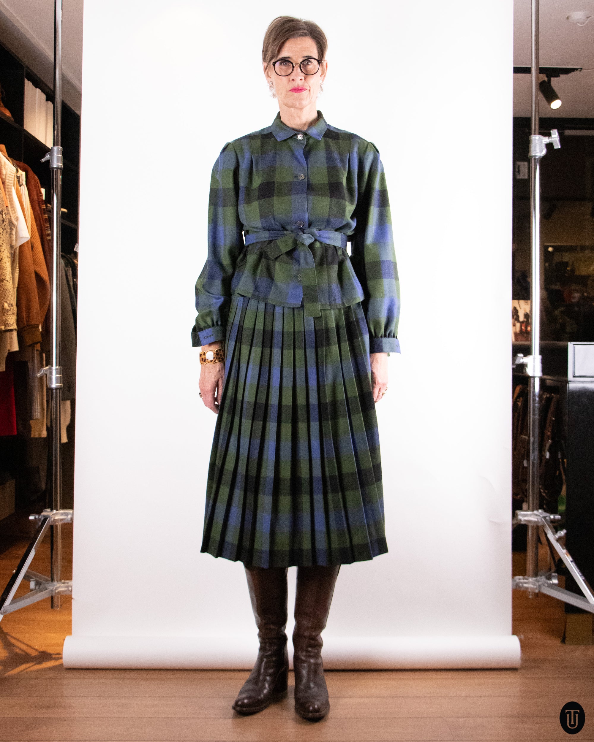 70's Vintage Wool Plaid Skirt Ensemble M