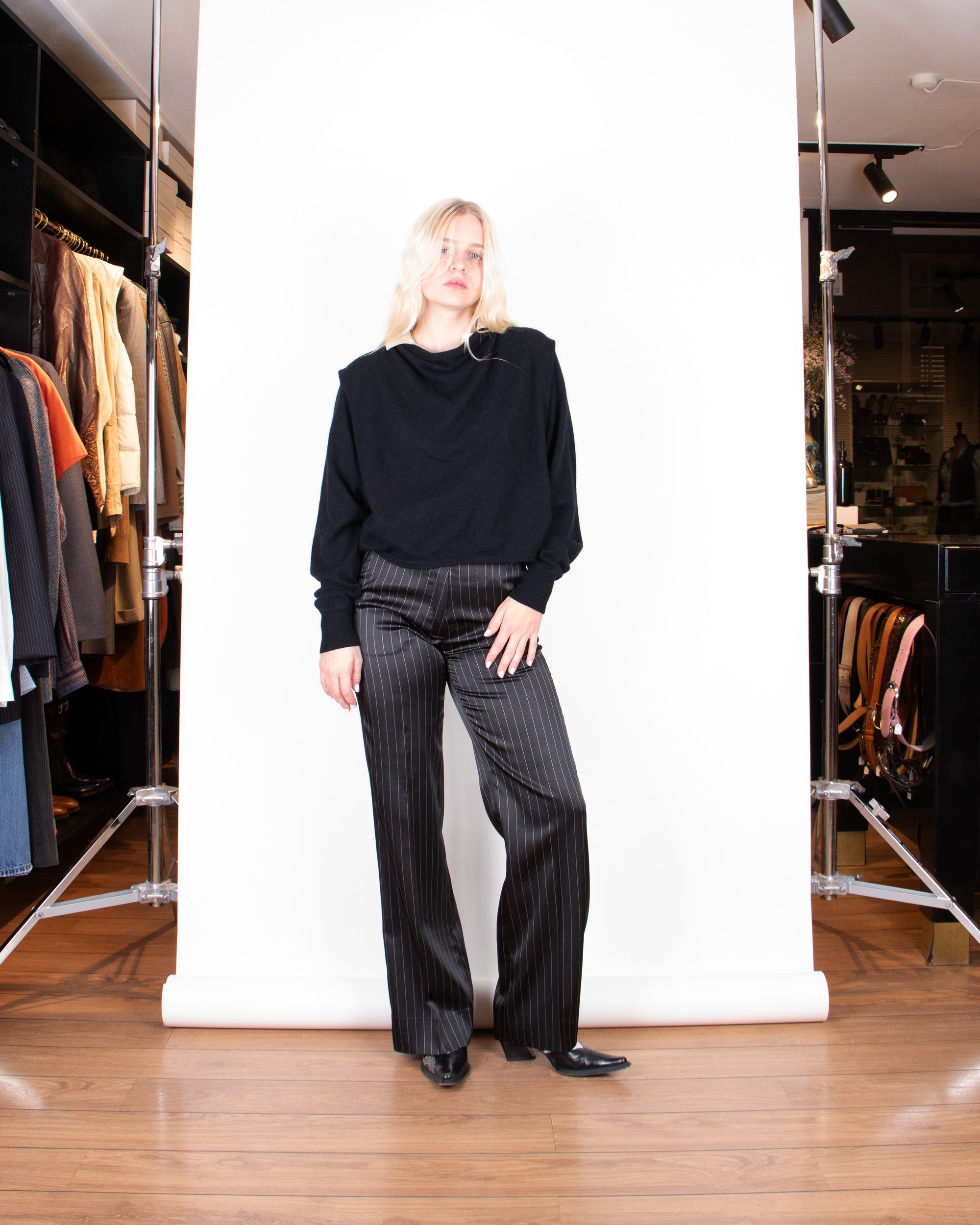 1990s Gianfranco Ferre White Silk and Black Wool Knit Top M
