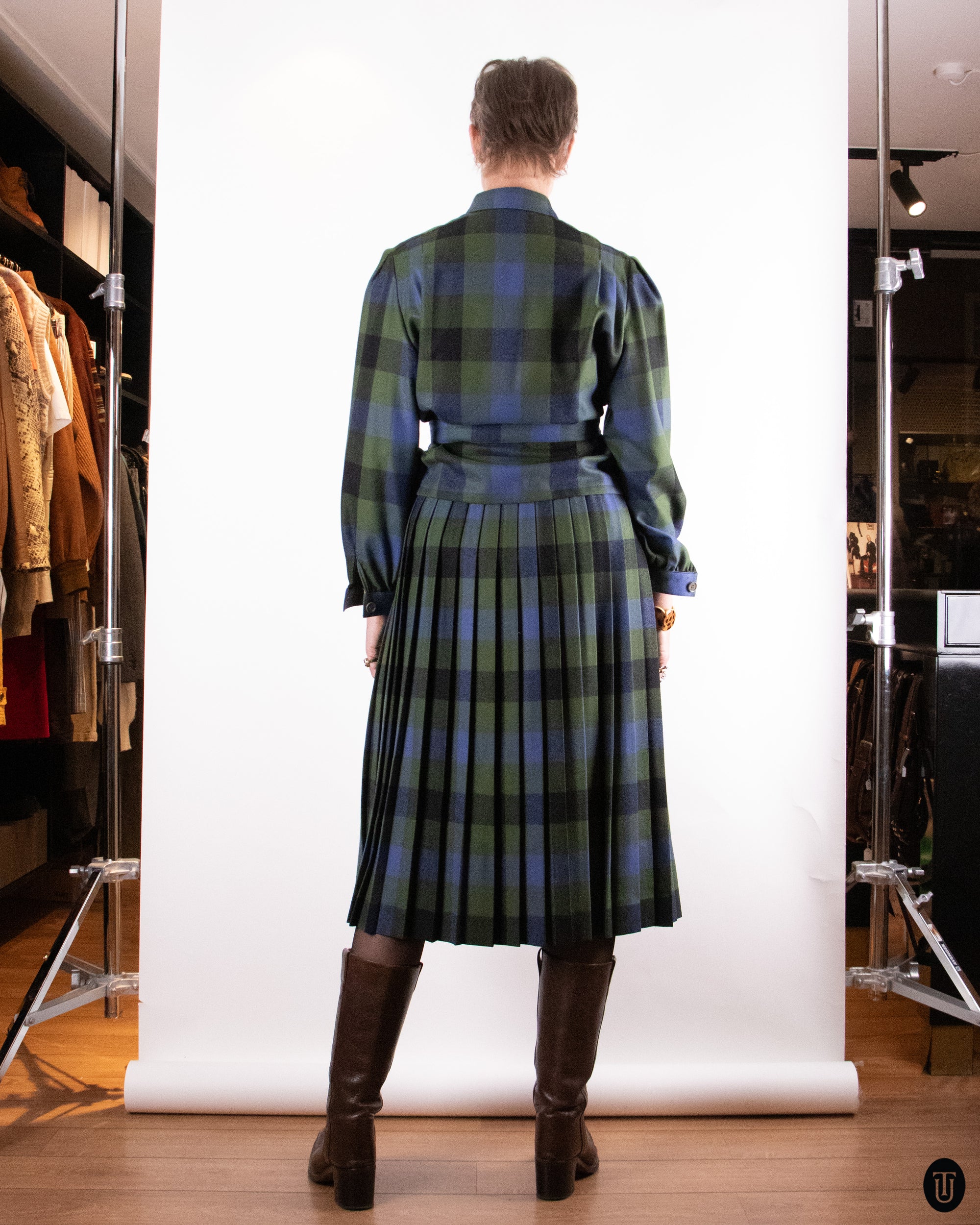 70's Vintage Wool Plaid Skirt Ensemble M