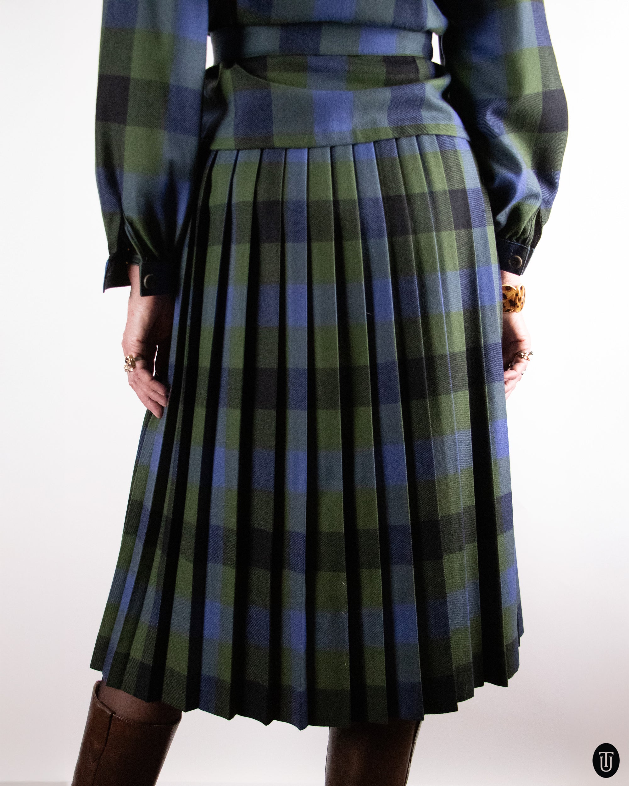 70's Vintage Wool Plaid Skirt Ensemble M