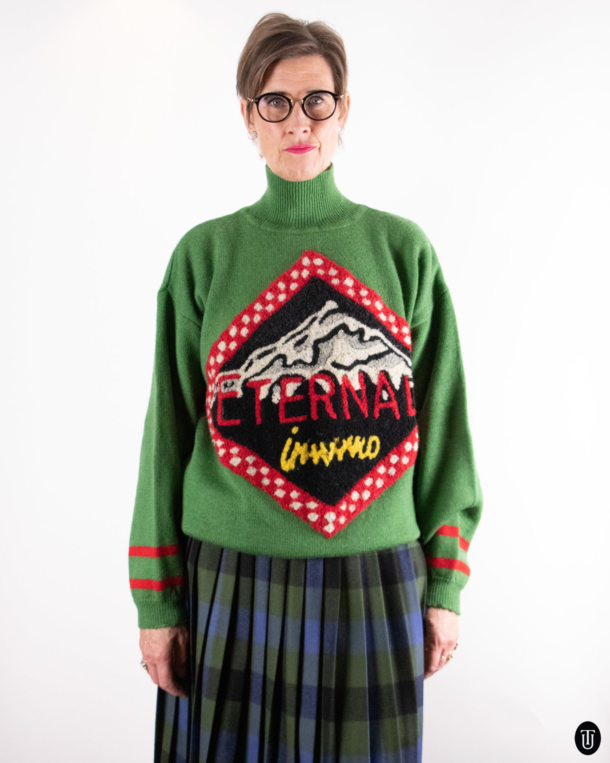 90's Graphic Green Wool Sweater L