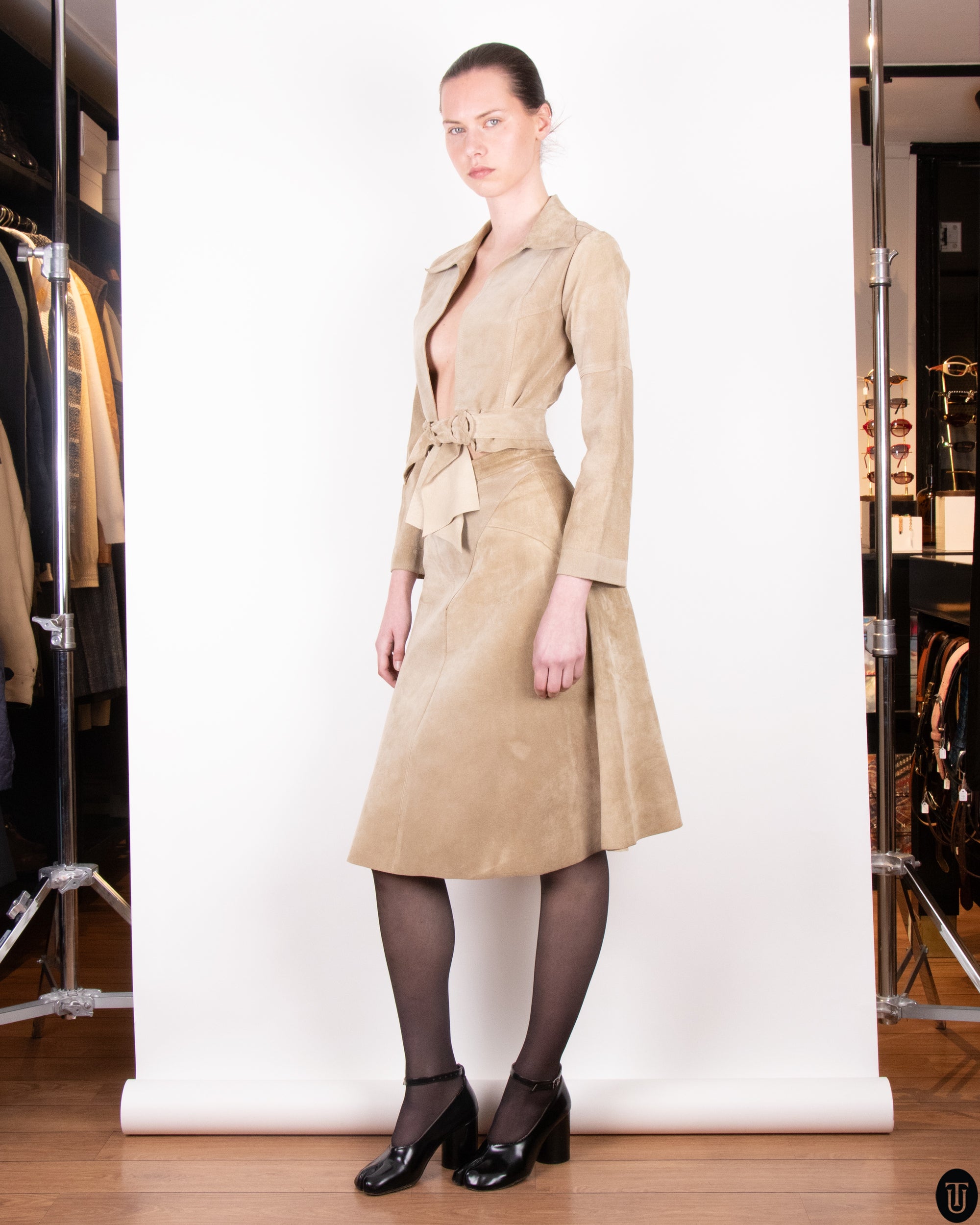 70's Suede Skirt Suit S