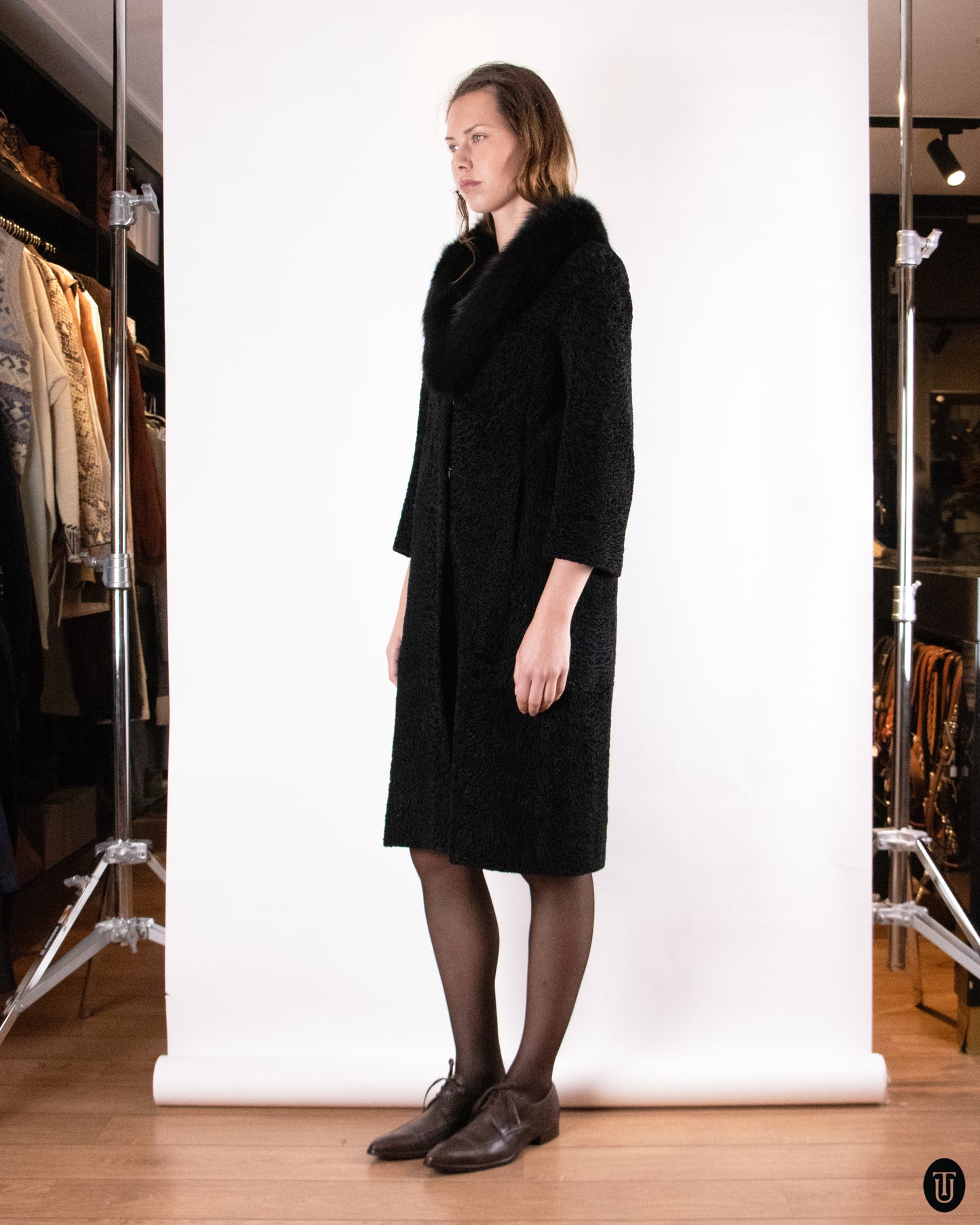 60's Christian Dior Black Broadtail and Mink Fur Coat M