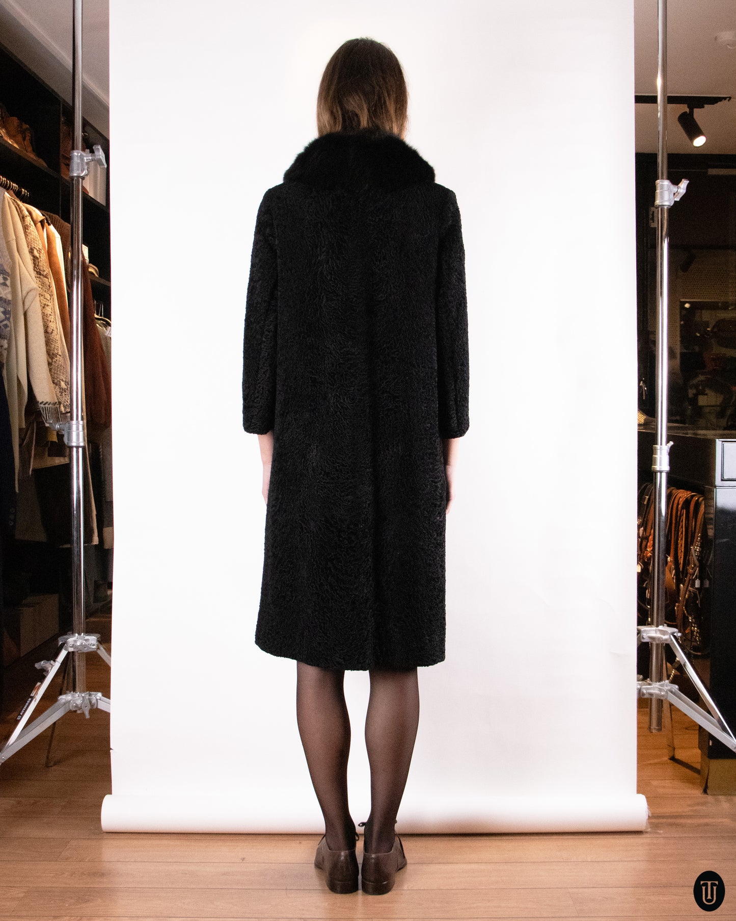 60's Christian Dior Black Broadtail and Mink Fur Coat M