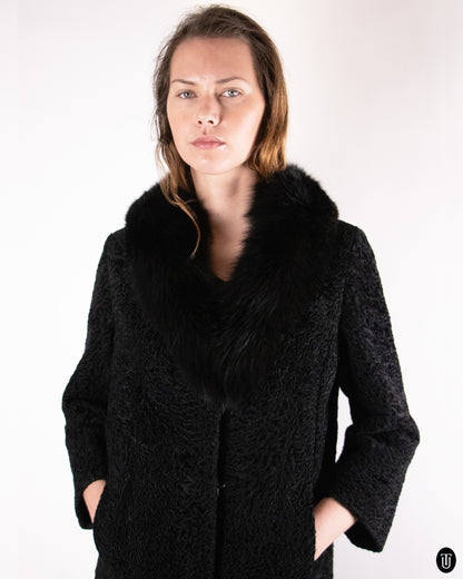 60's Christian Dior Black Broadtail and Mink Fur Coat M
