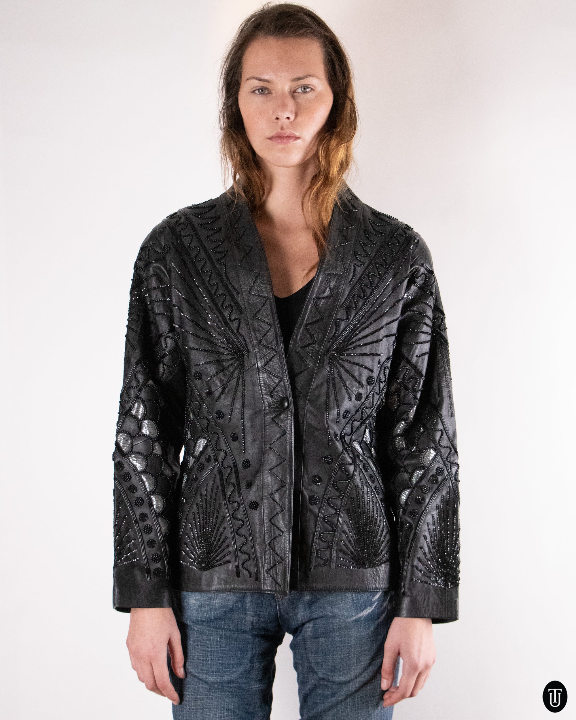 80's Embellished Black Leather Jacket M