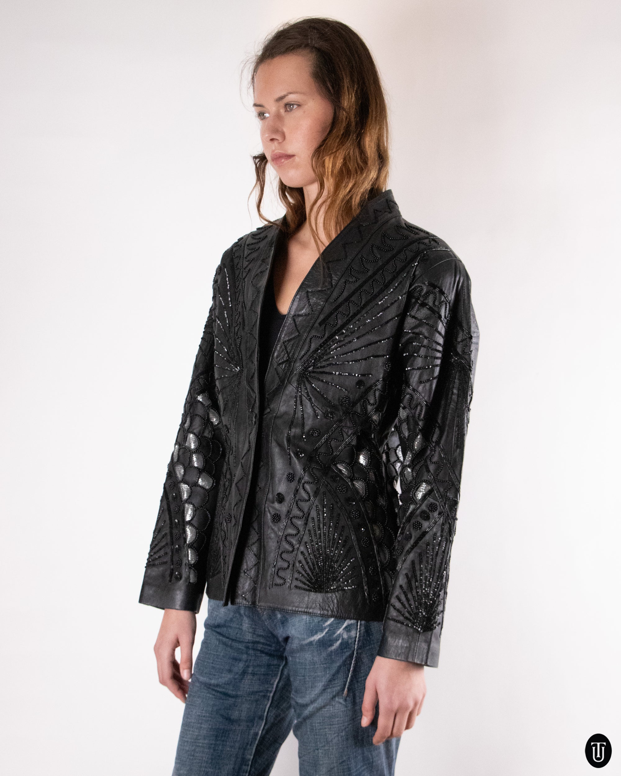 80's Embellished Black Leather Jacket M