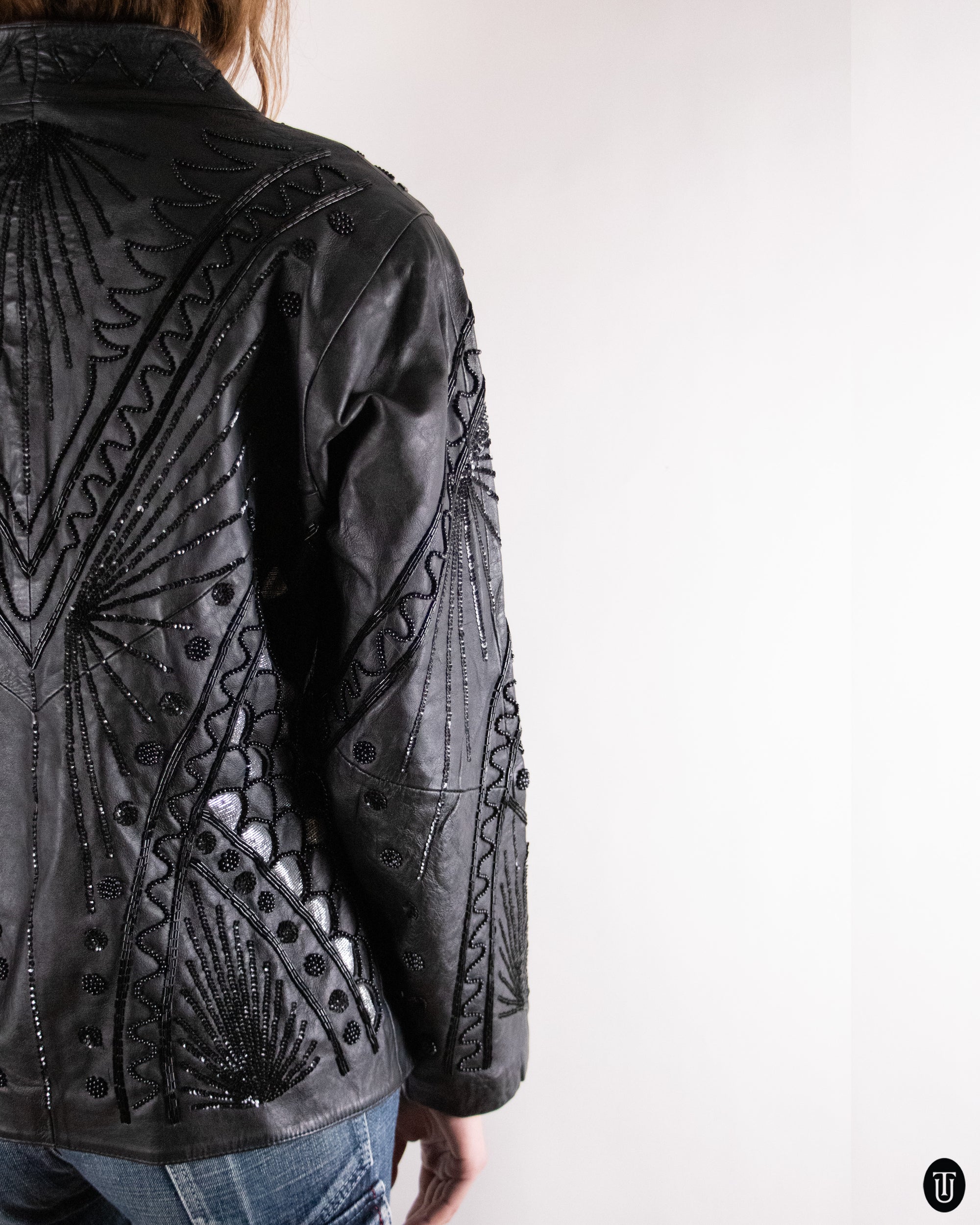 80's Embellished Black Leather Jacket M