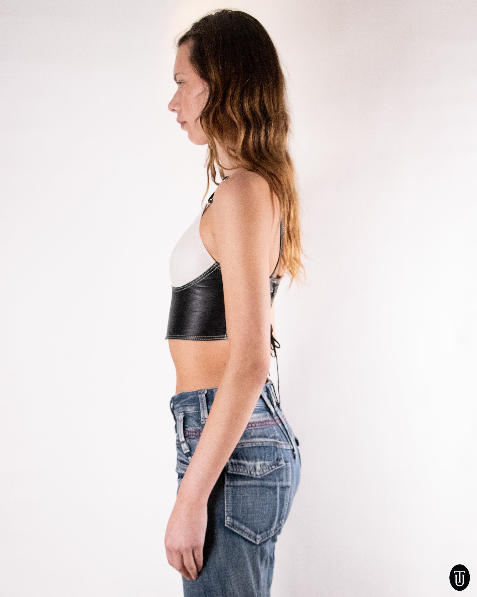 90's Black and White Leather Top S