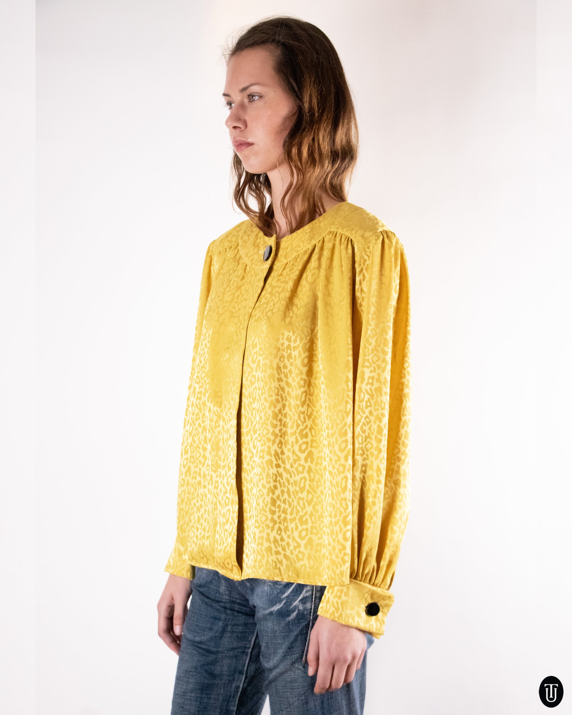 80's Yves Saint Laurent Gold Animal Jacquard Blouse M