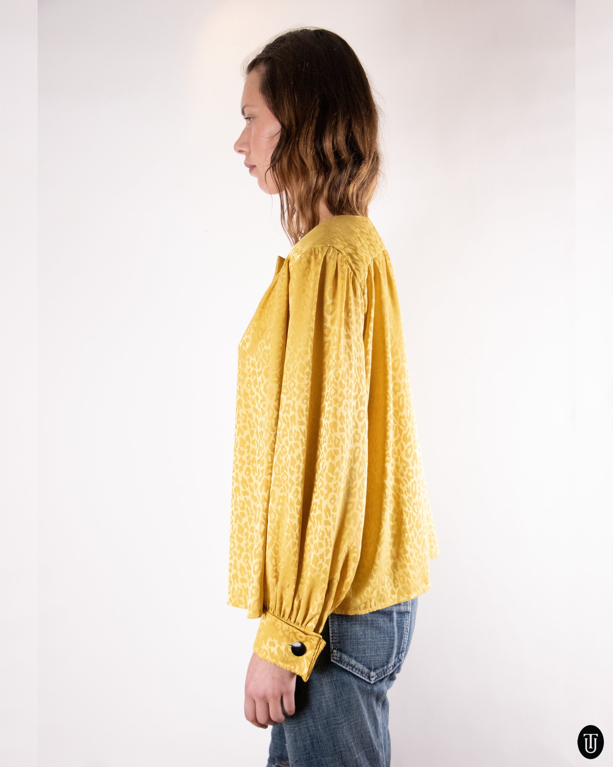 80's Yves Saint Laurent Gold Animal Jacquard Blouse M