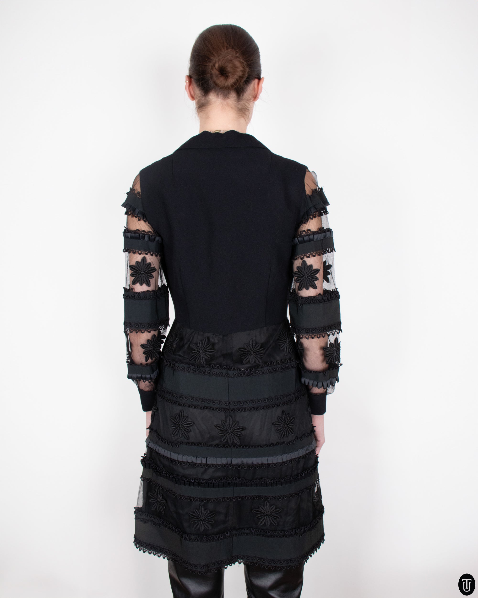 60's Sheer Sleeved Floral Black Dress M