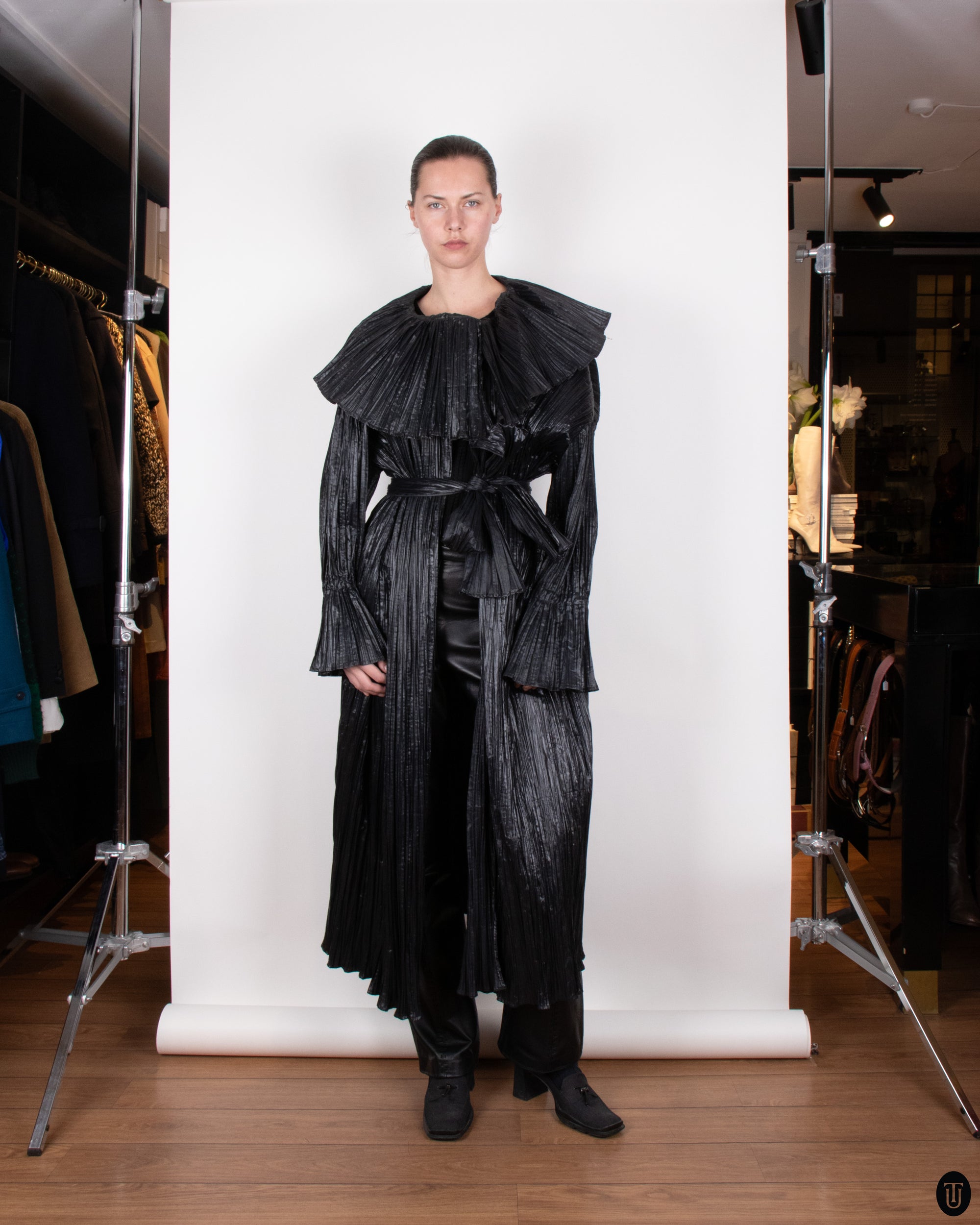 80's Margit Brandt Pleated Black Wrap Coat