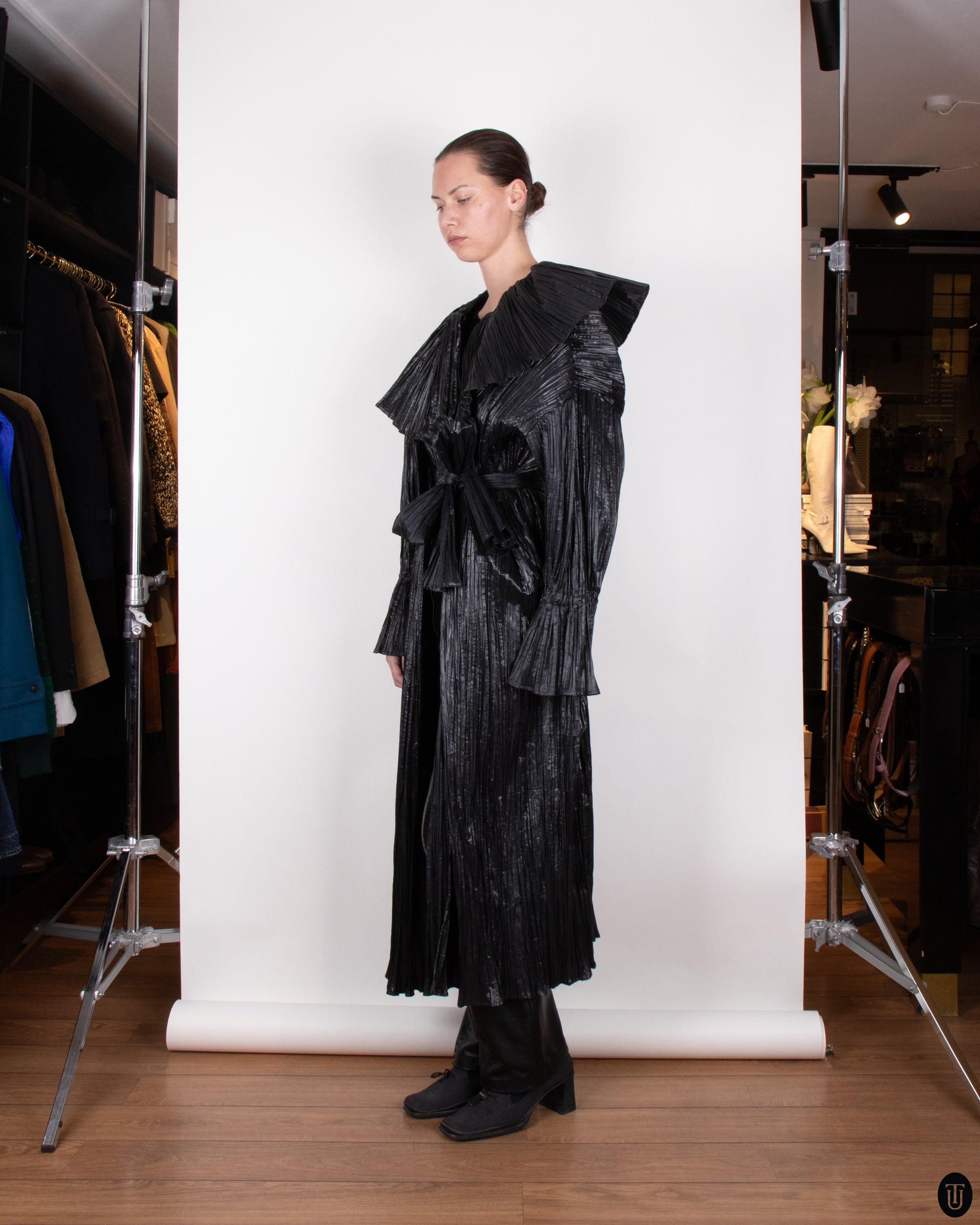 80's Margit Brandt Pleated Black Wrap Coat