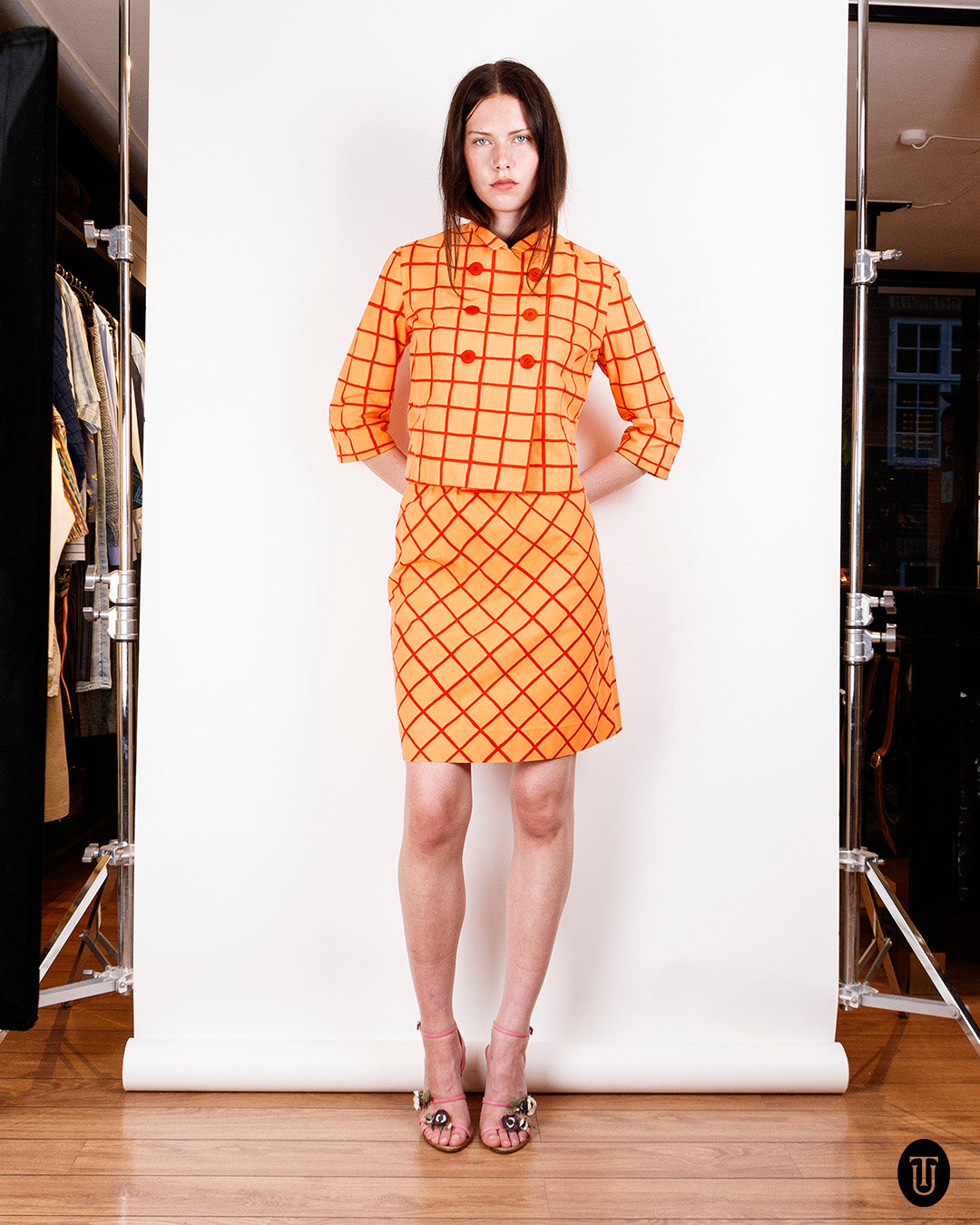 1960s Marimekko Orange Checkered Skirt Suit S
