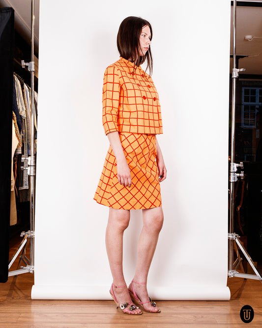 1960s Marimekko Orange Checkered Skirt Suit S