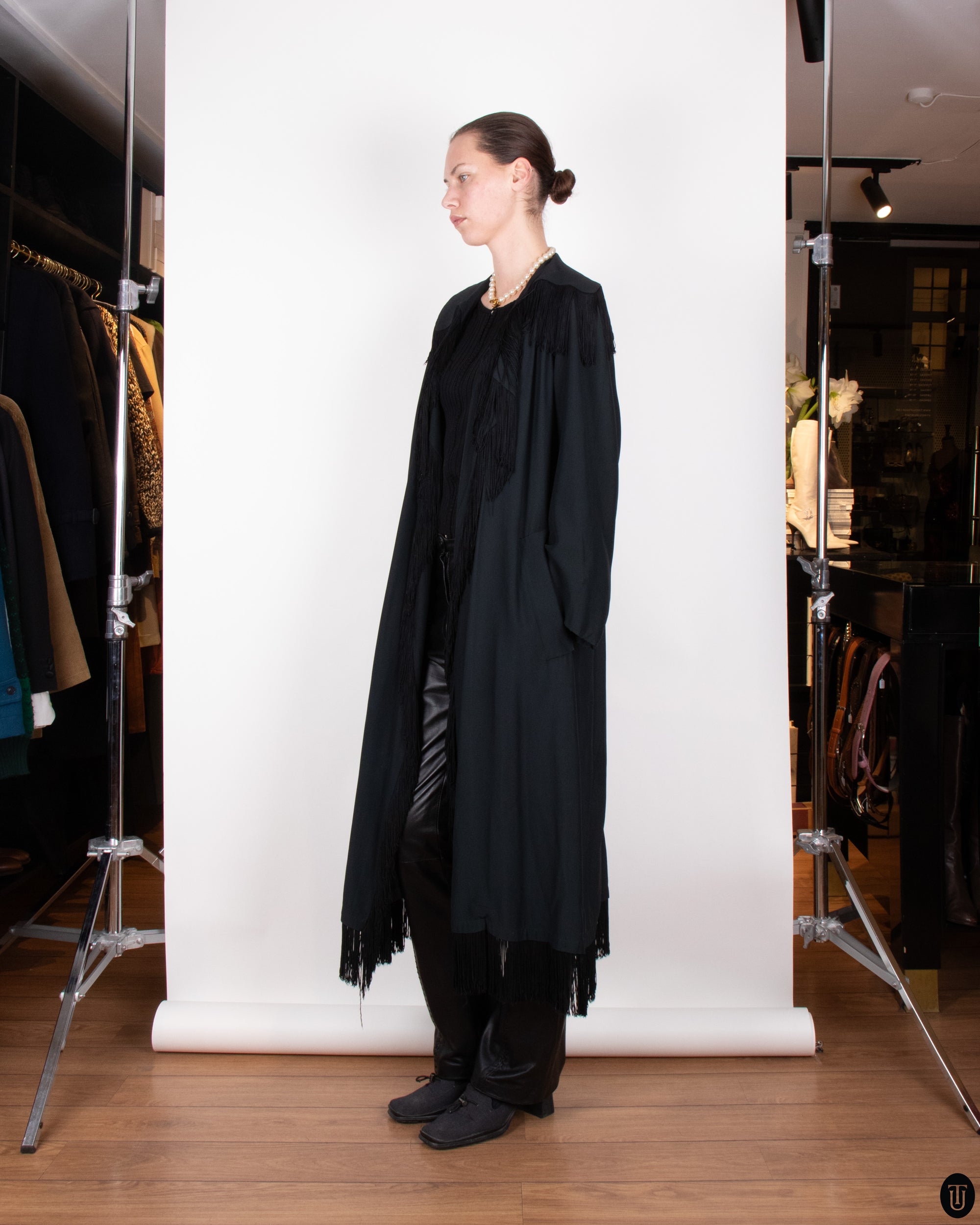 SS89 Moschino Couture Black Fringe Wrap Coat L